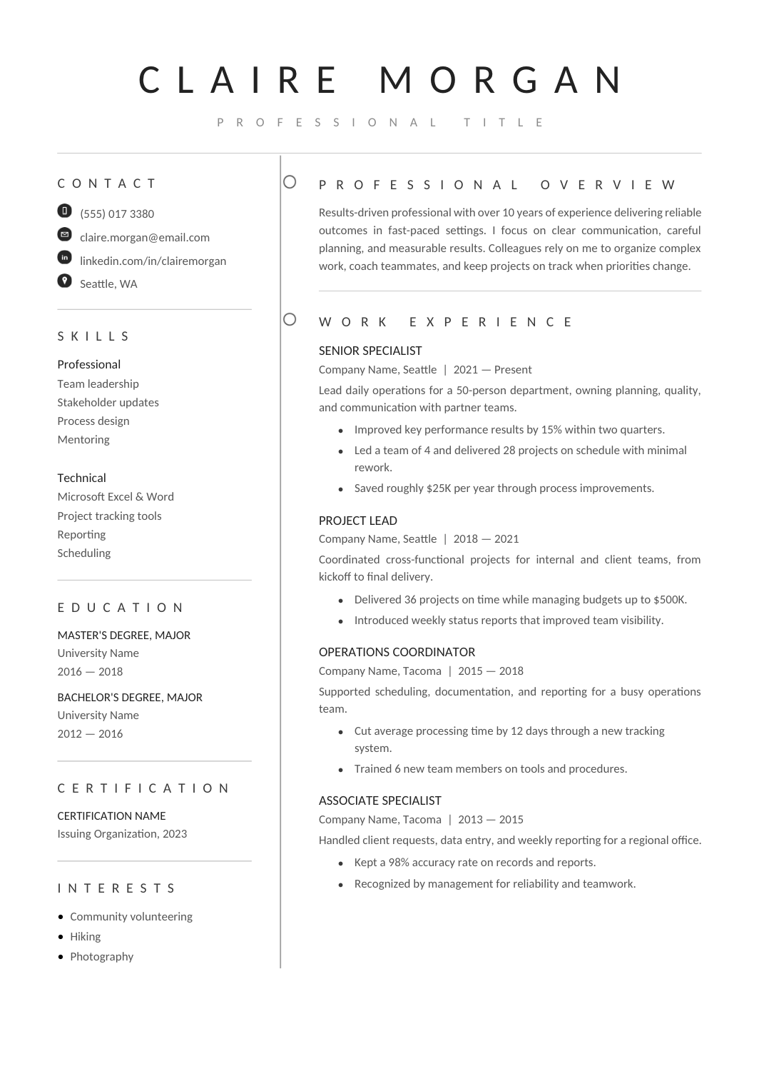 2-Column Resume Format template for Google Docs and Word