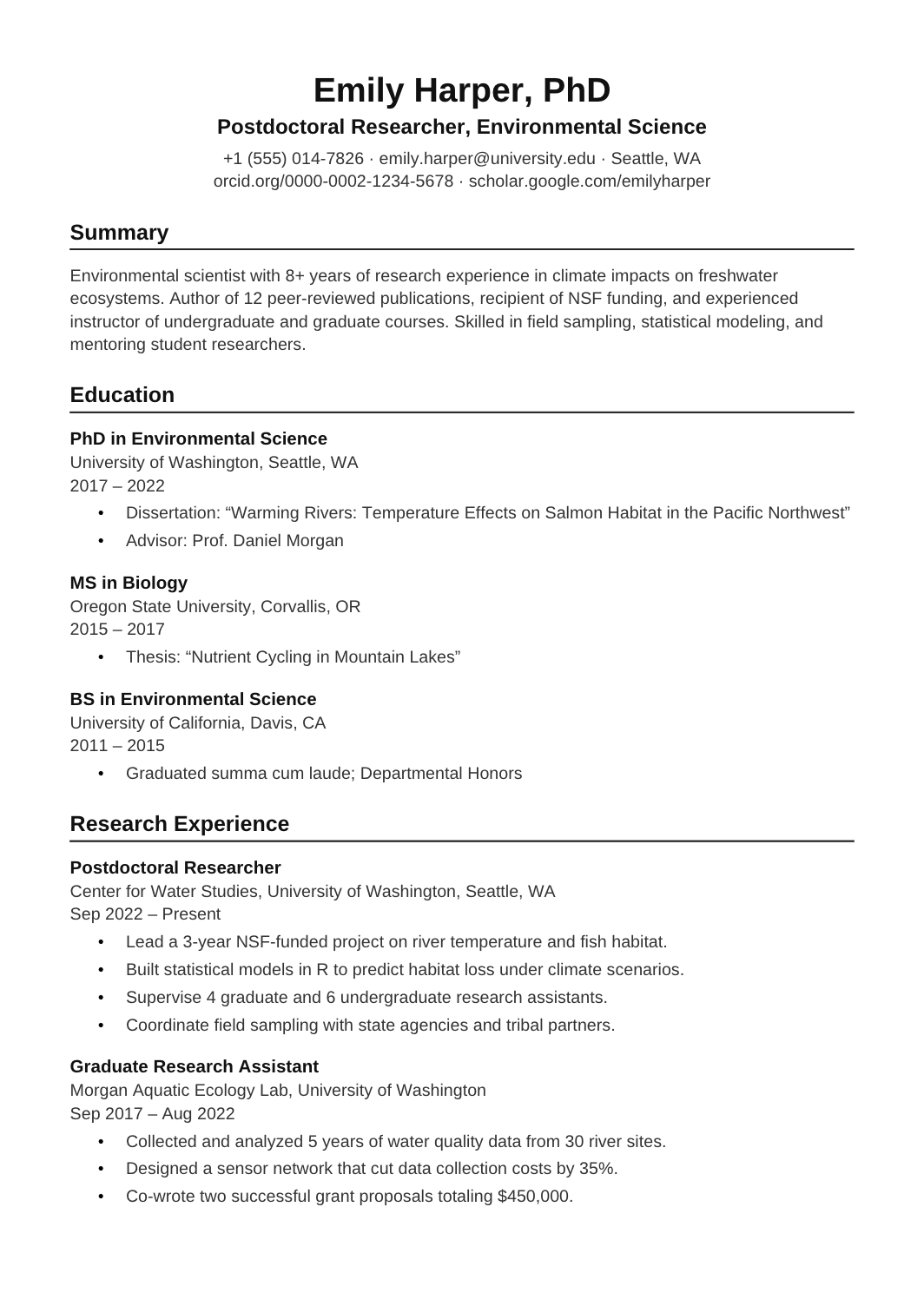 Academic CV template for Google Docs and Word