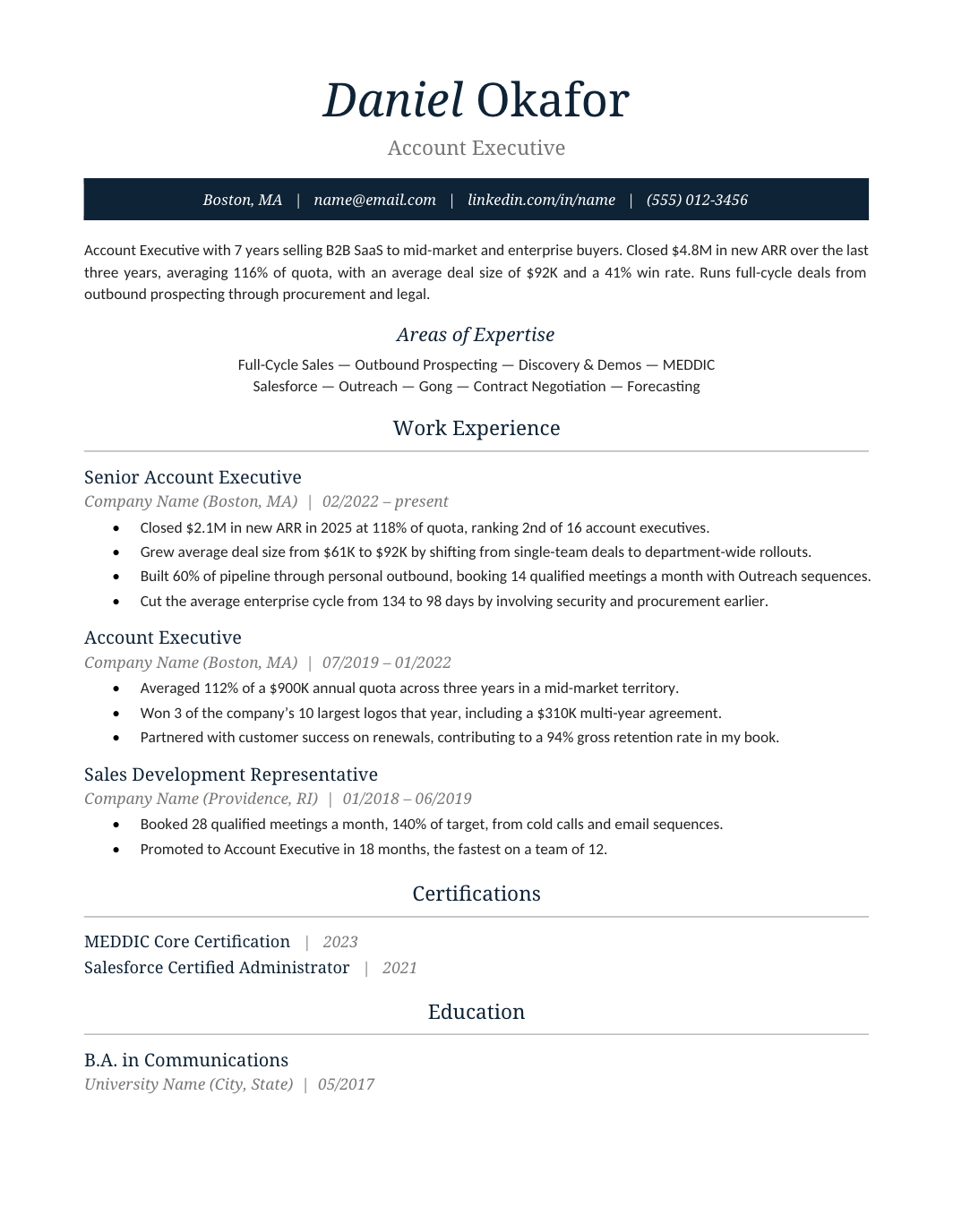 Account Executive Resume template for Google Docs and Word
