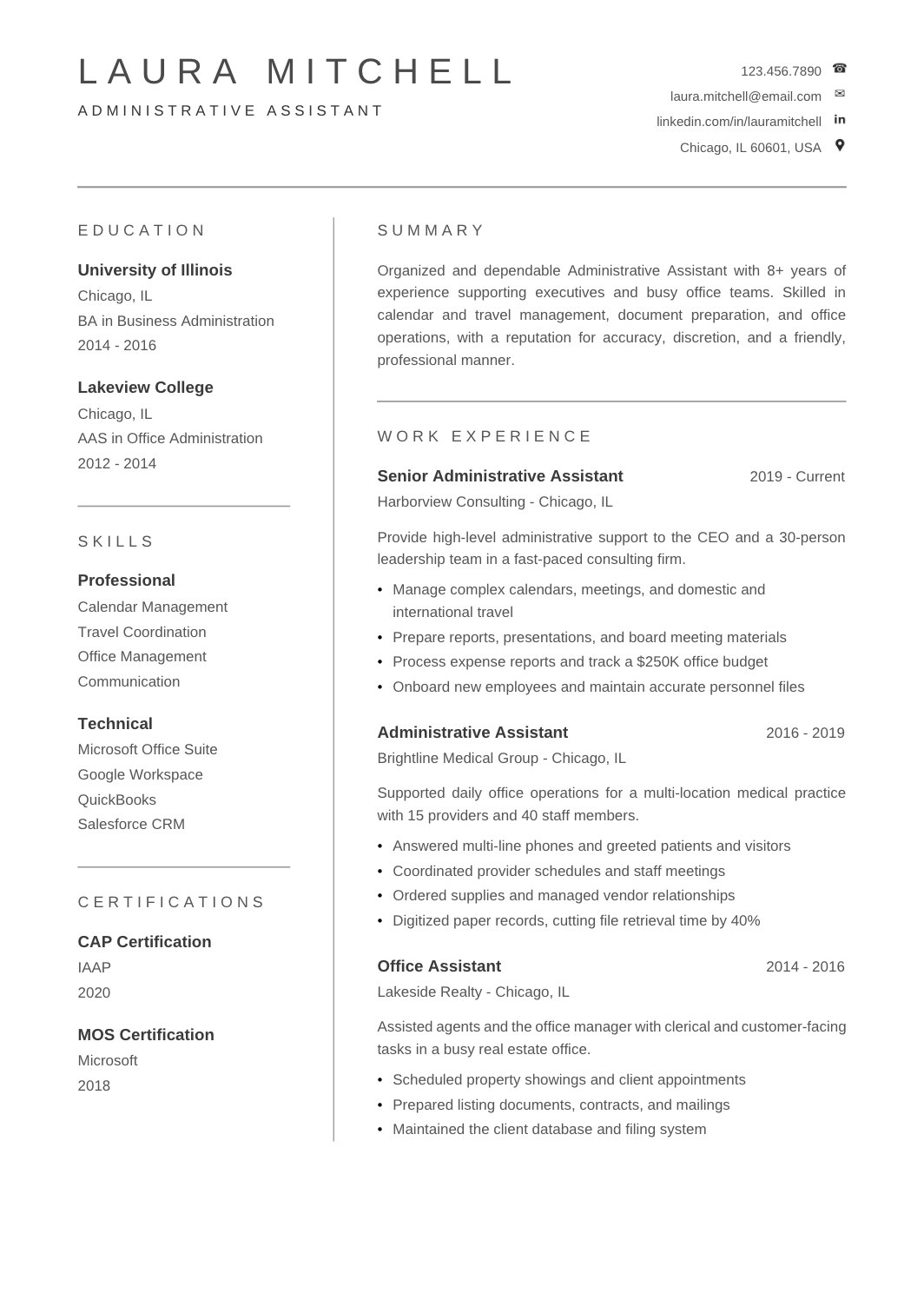 Administrative Assistant Resume template for Google Docs and Word