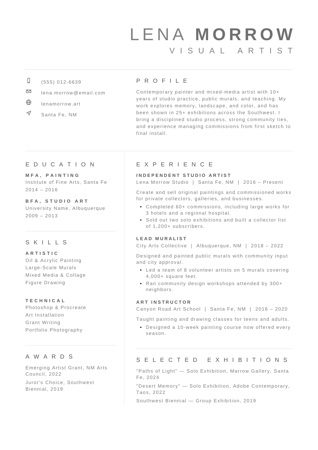 Artist Resume template for Google Docs and Word