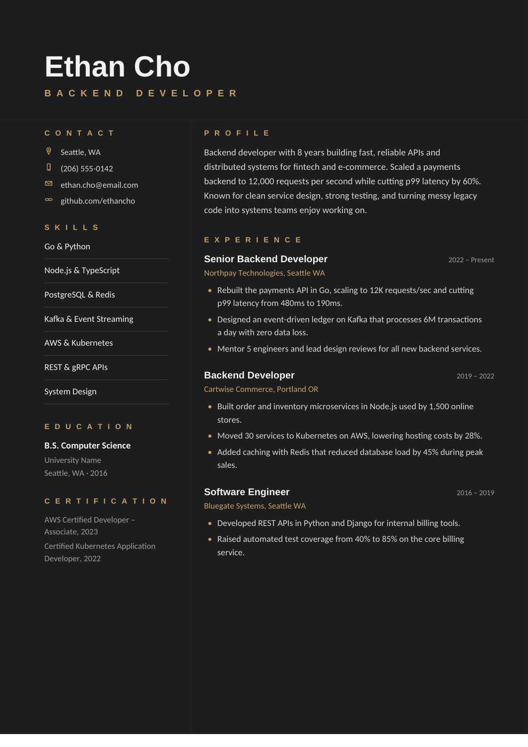 Backend Developer Resume template for Google Docs and Word