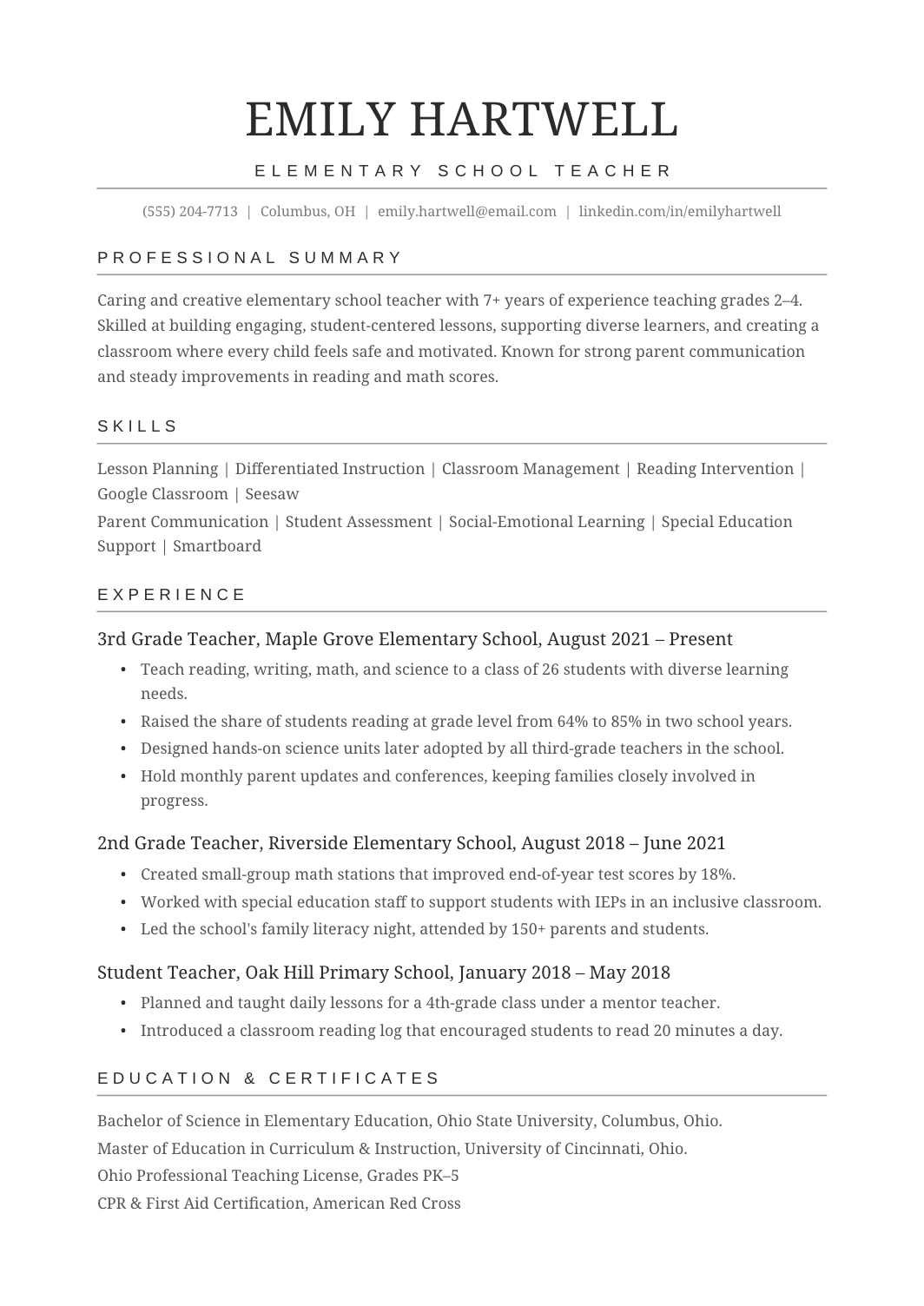 Basic one-column resume with summary, skills, work experience, education, and certifications