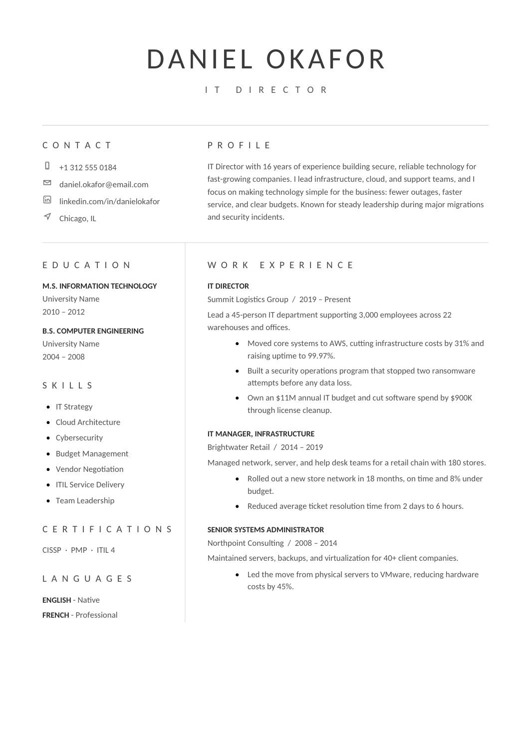Black and White Two-Column Resume template for Google Docs and Word