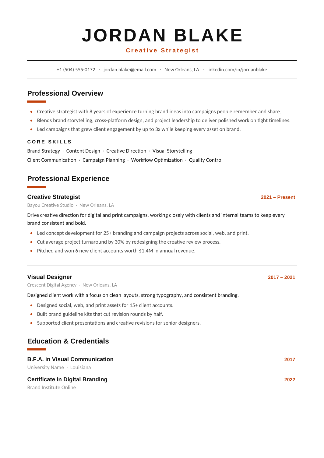 Bold modern resume template with a centered name, orange accents, and creative strategy experience
