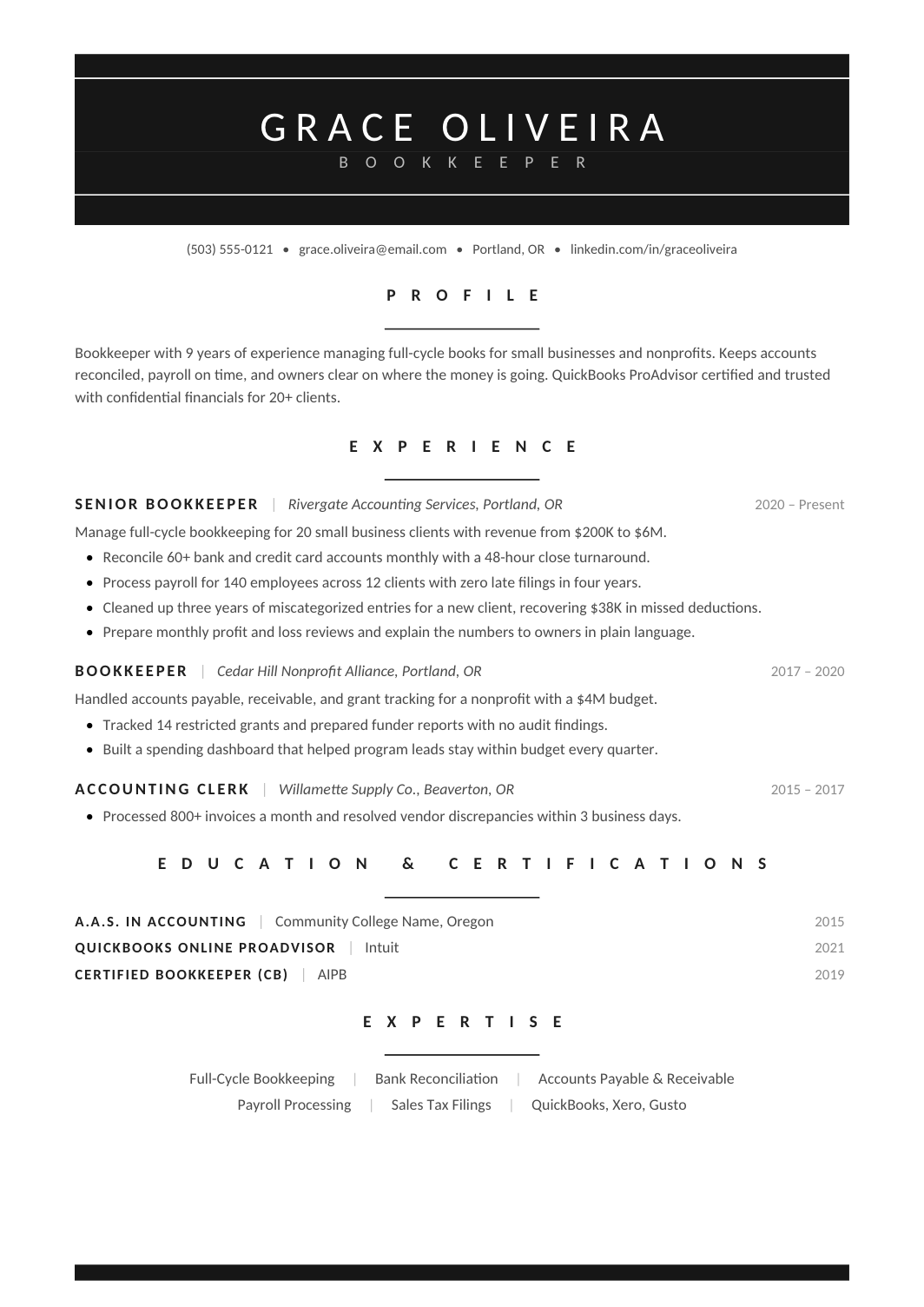 Bookkeeper Resume template for Google Docs and Word
