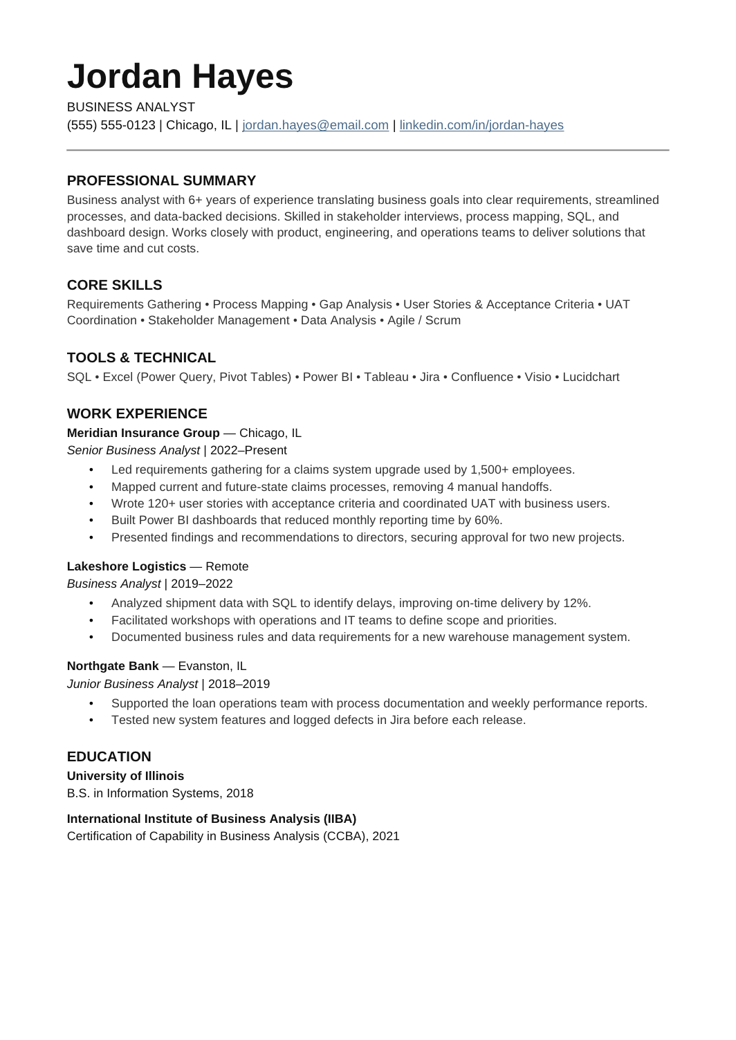 Business Analyst Resume template for Google Docs and Word