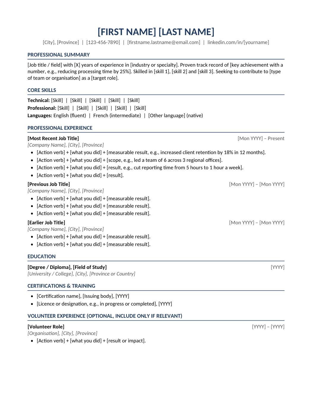 Canadian Resume Format template for Google Docs and Word
