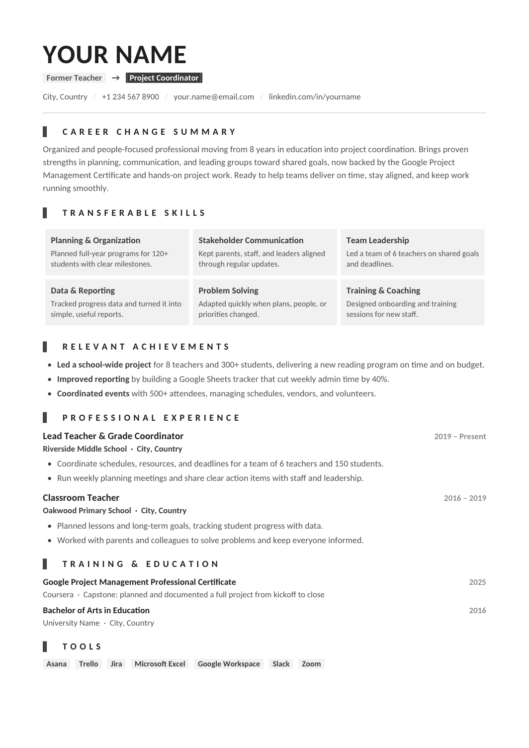 Career Change Resume template for Google Docs and Word