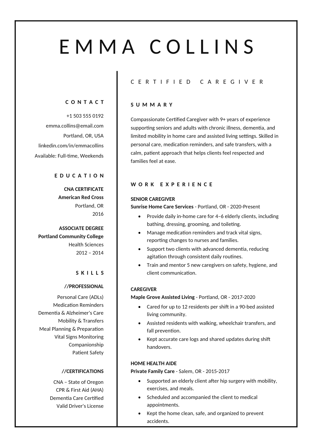 Caregiver Resume template for Google Docs and Word