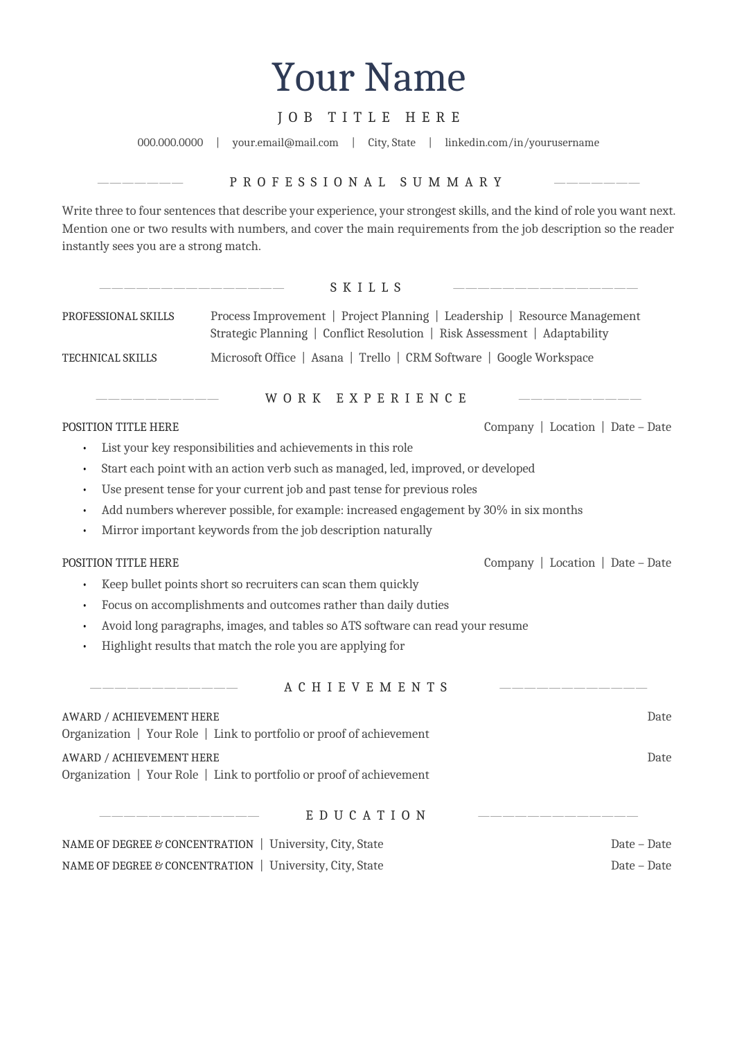 Centered ATS Resume Template for Google Docs and Word