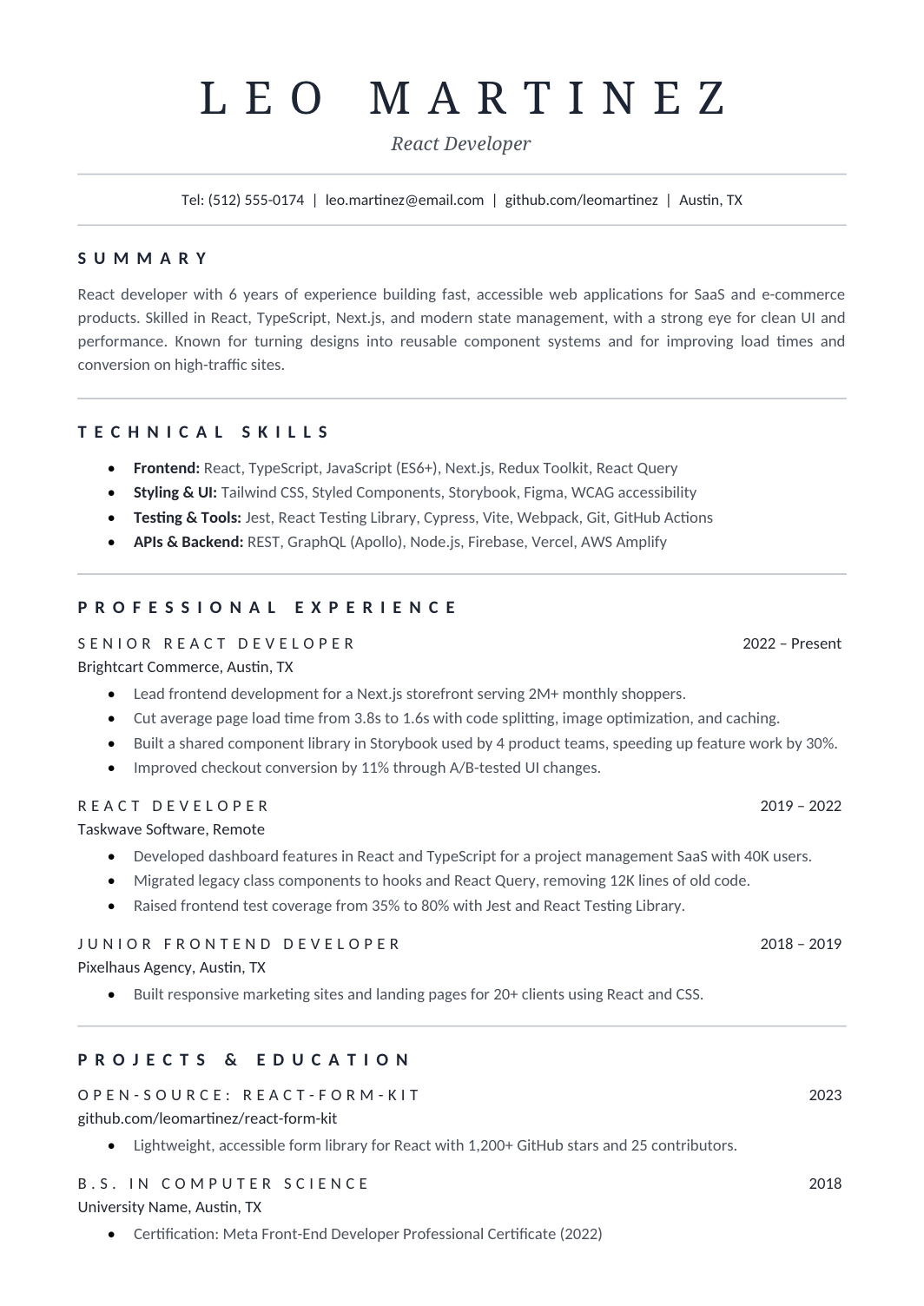 Centered serif resume with thin gray rules and a one-column professional timeline