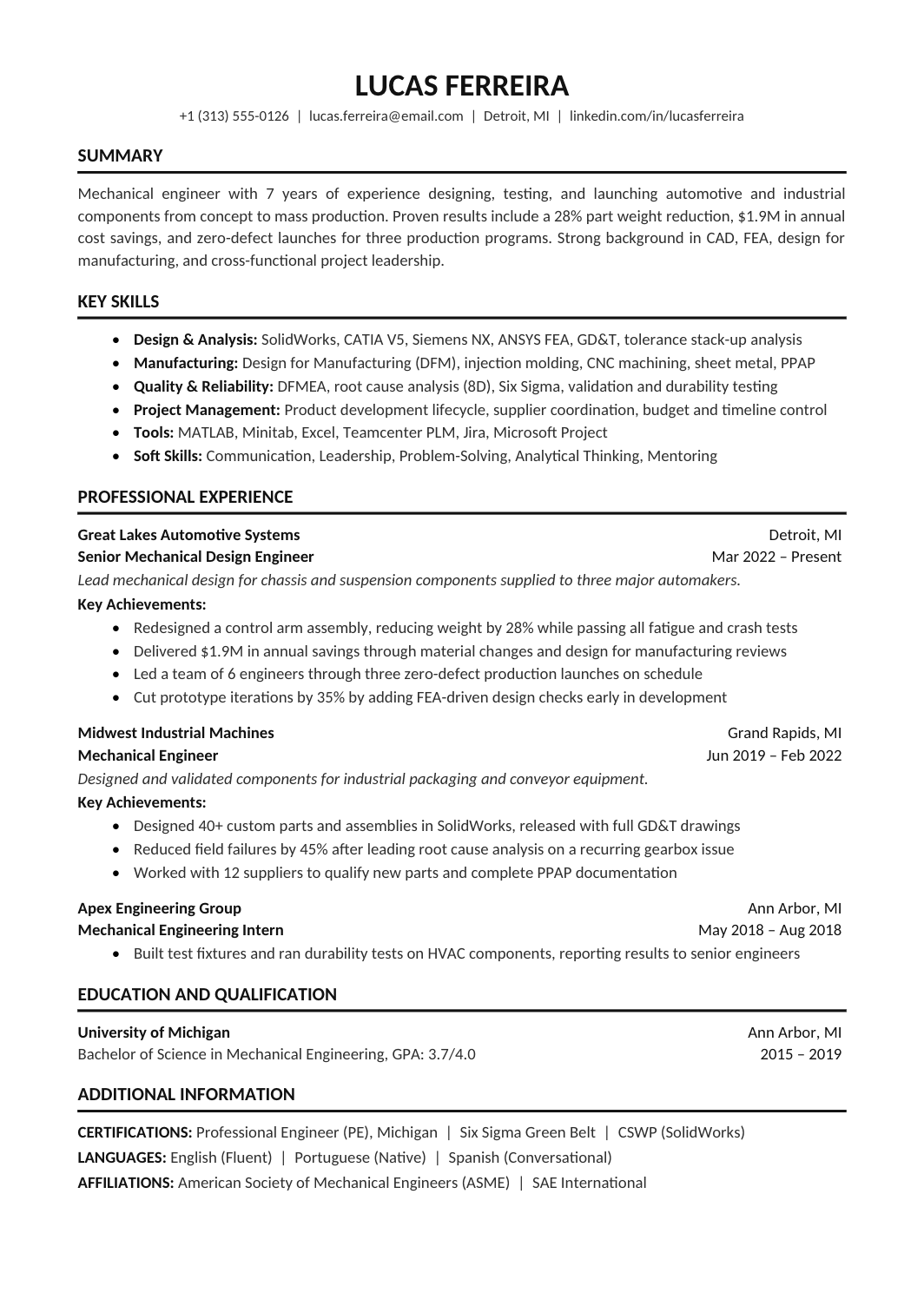 Classic resume template with bold ruled headings, grouped skills, chronological experience, and credentials