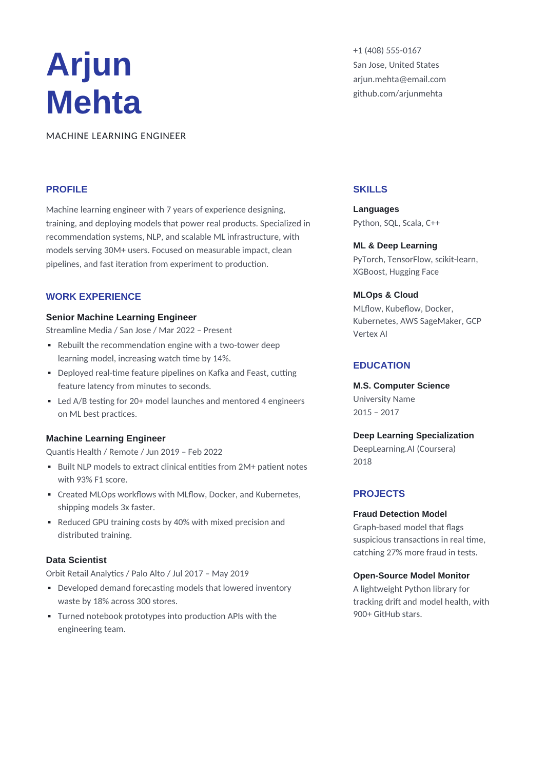 Classic two-column resume template with a wide experience column and a narrow skills and projects column
