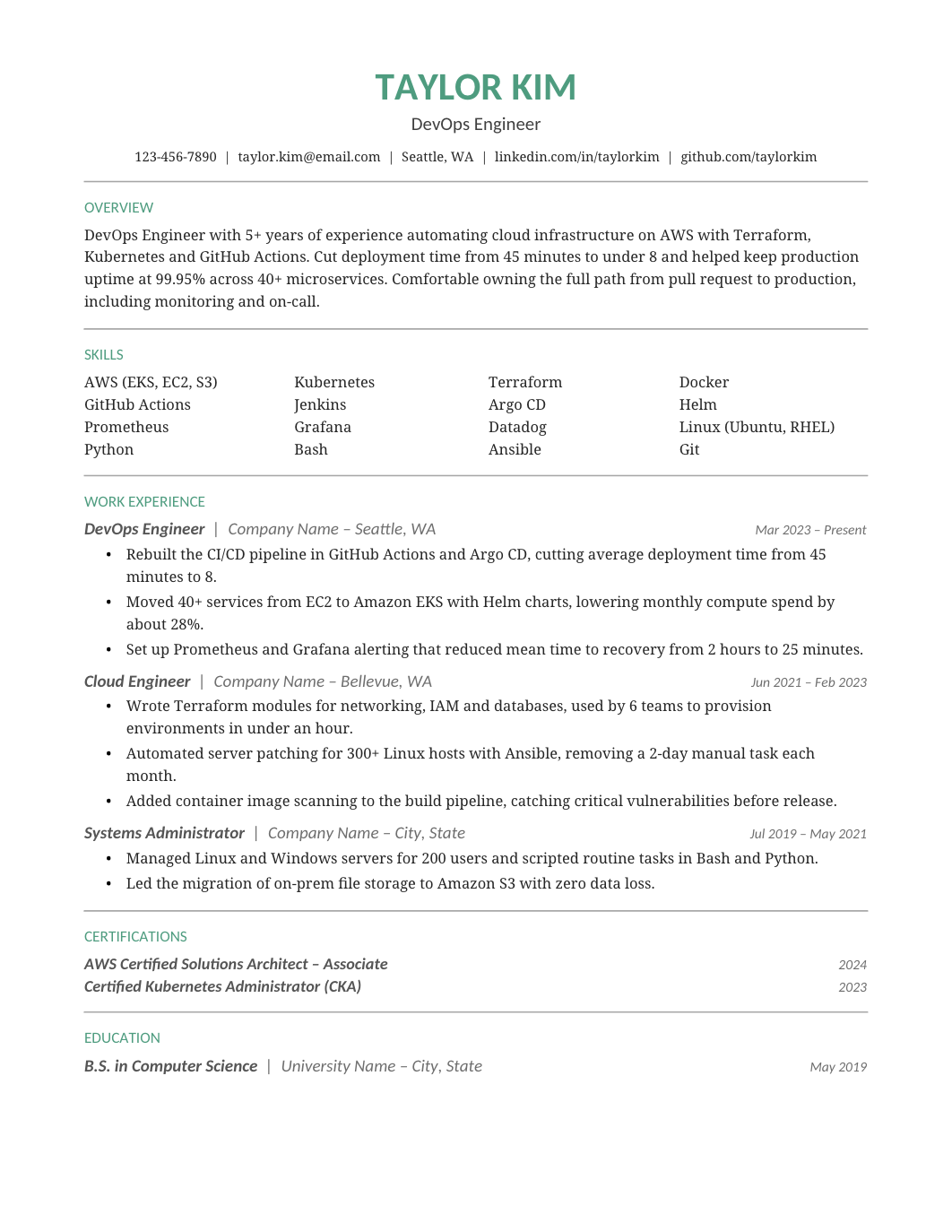 Clean professional resume template with green headings and a chronological work history