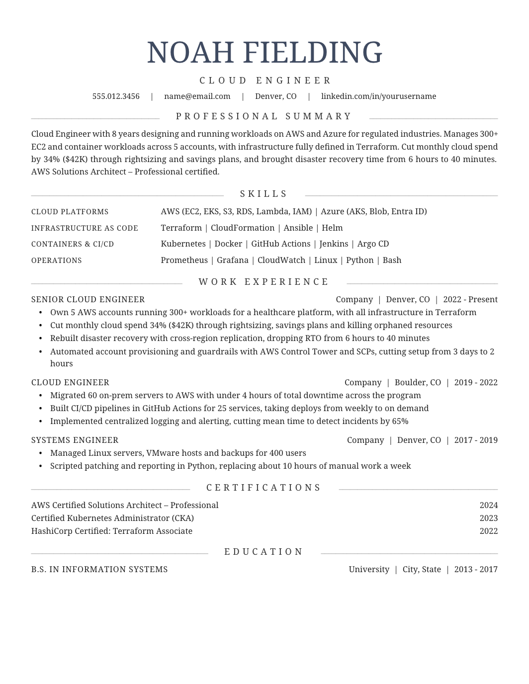 Cloud Engineer Resume template for Google Docs and Word