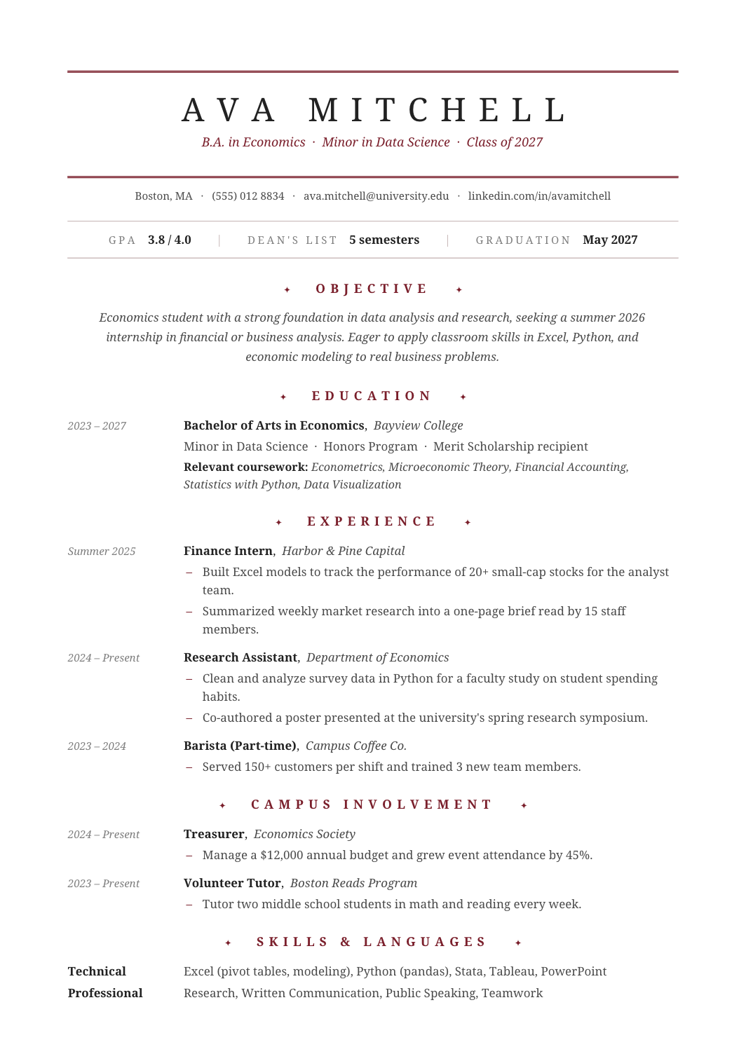 College Student Resume template for Google Docs and Word