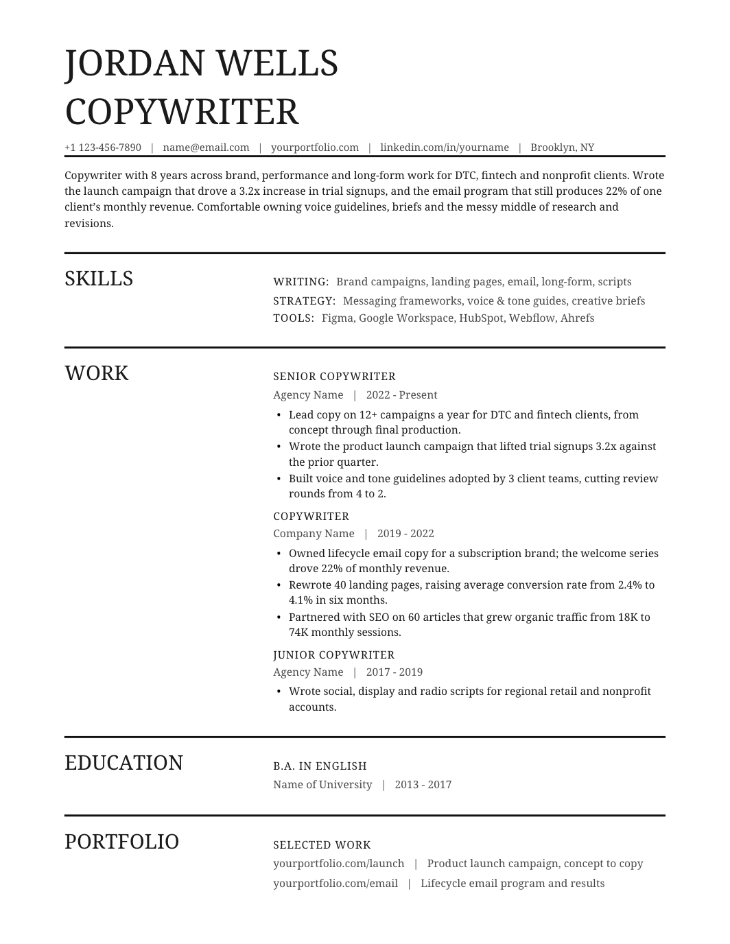 Copywriter Resume template for Google Docs and Word