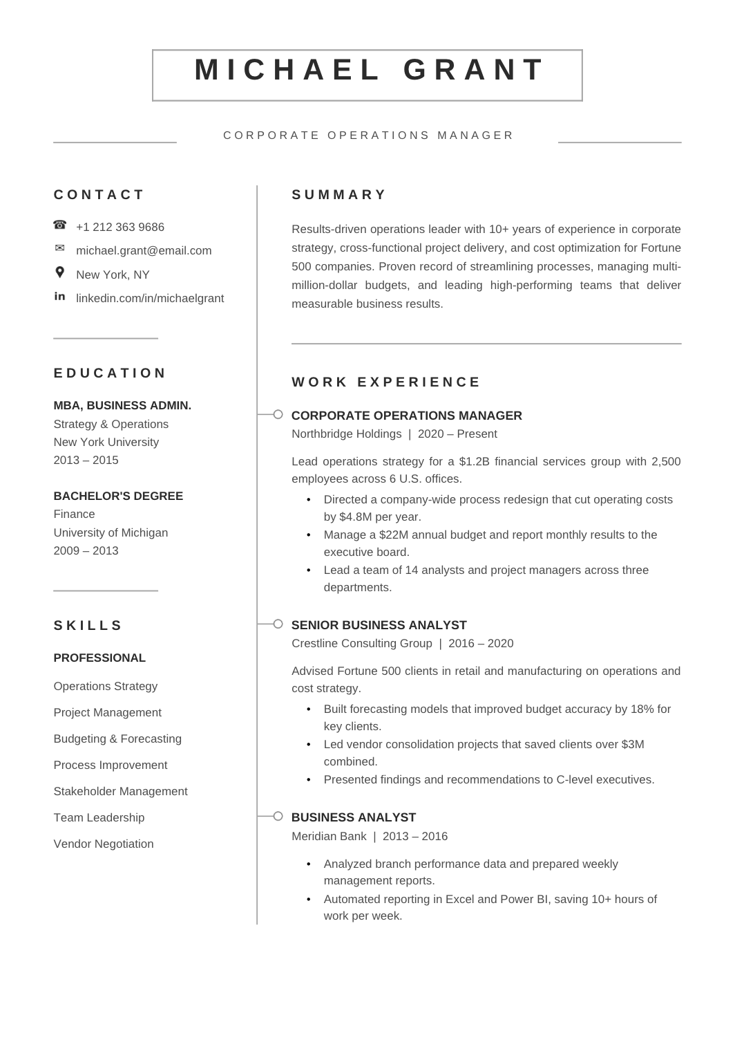 Corporate Resume template for Google Docs and Word