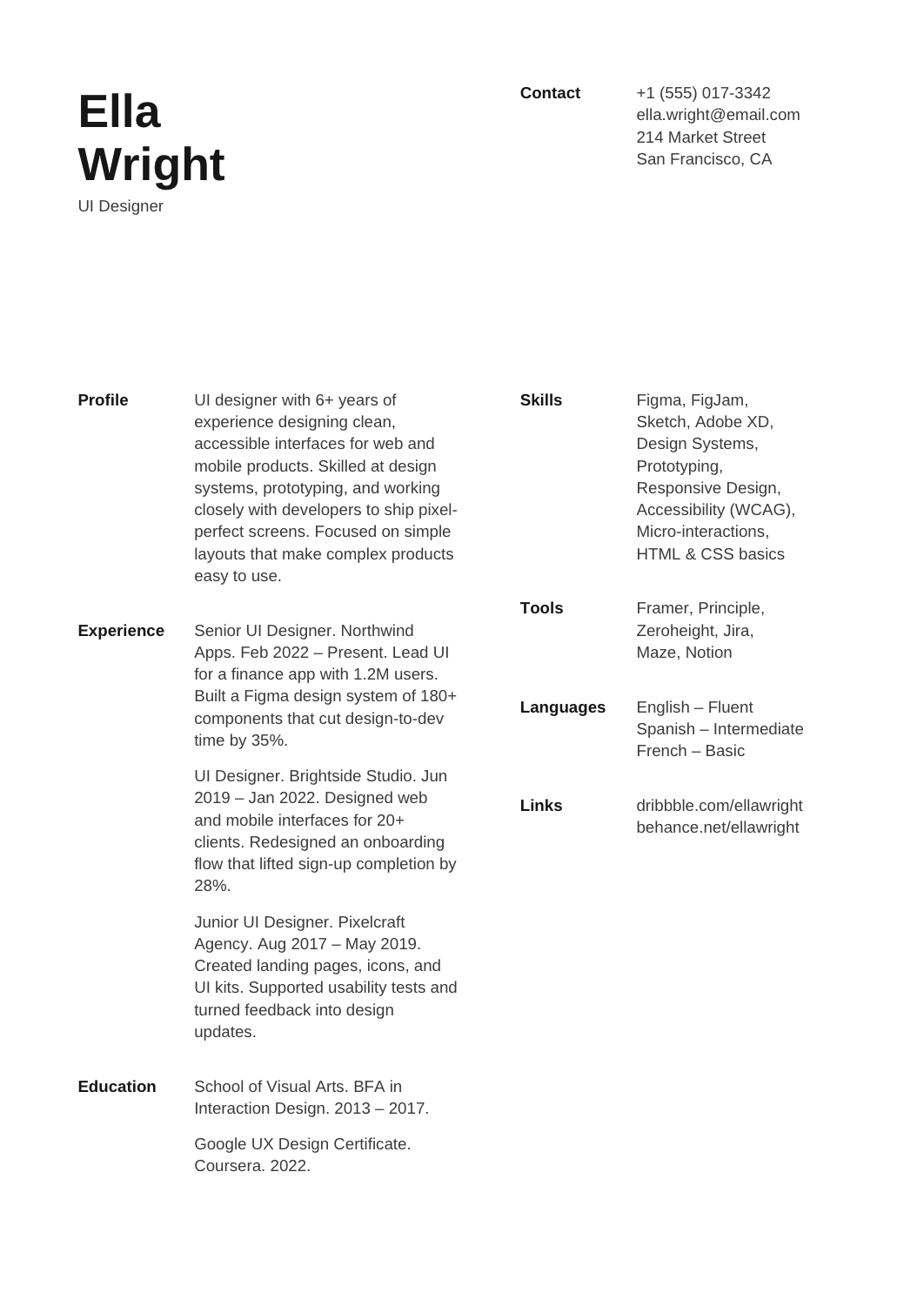 Creative minimal resume template with an airy two-column layout and compact labels