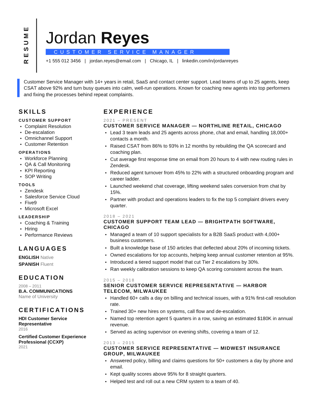 Customer Service Resume template for Google Docs and Word