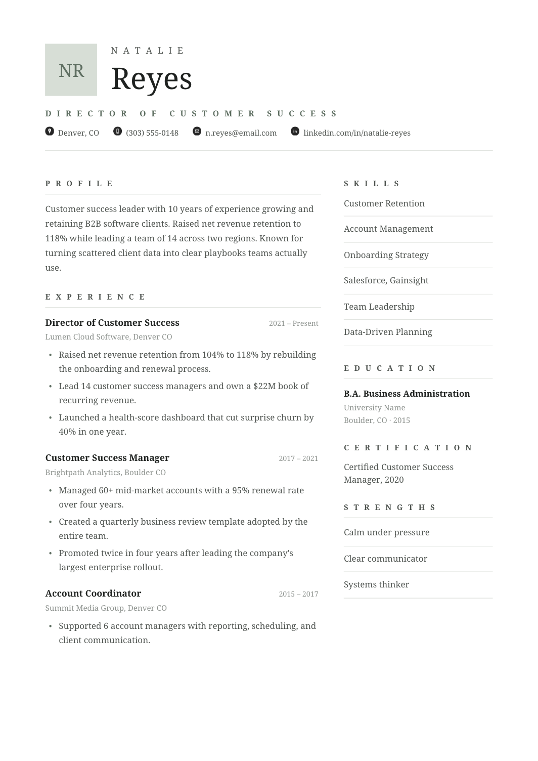 Customer Success Resume template for Google Docs and Word