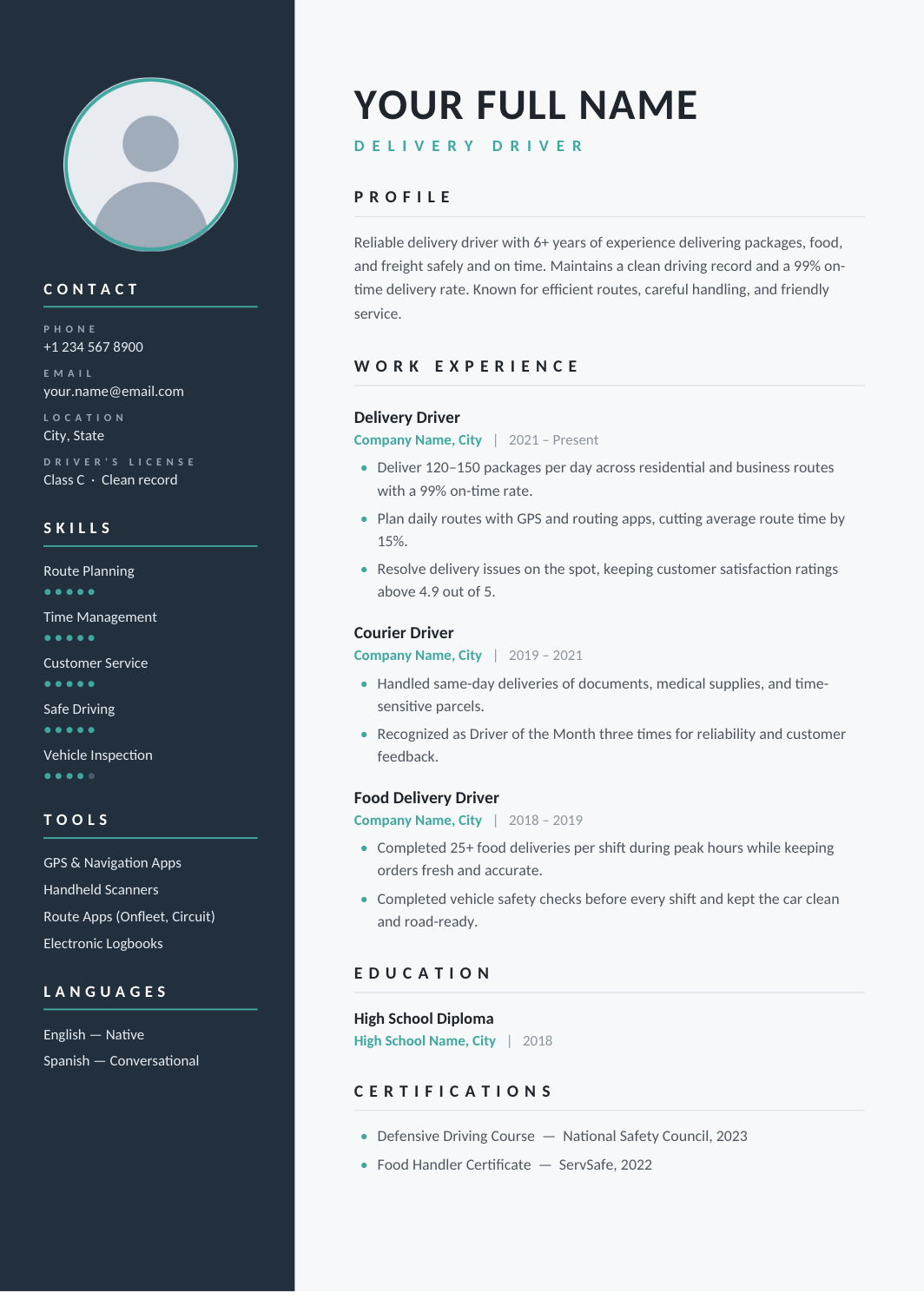 Delivery Driver Resume template for Google Docs and Word