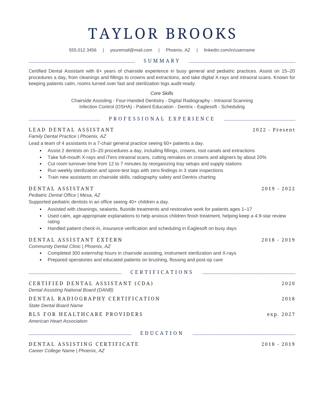 Dental Assistant Resume template for Google Docs and Word
