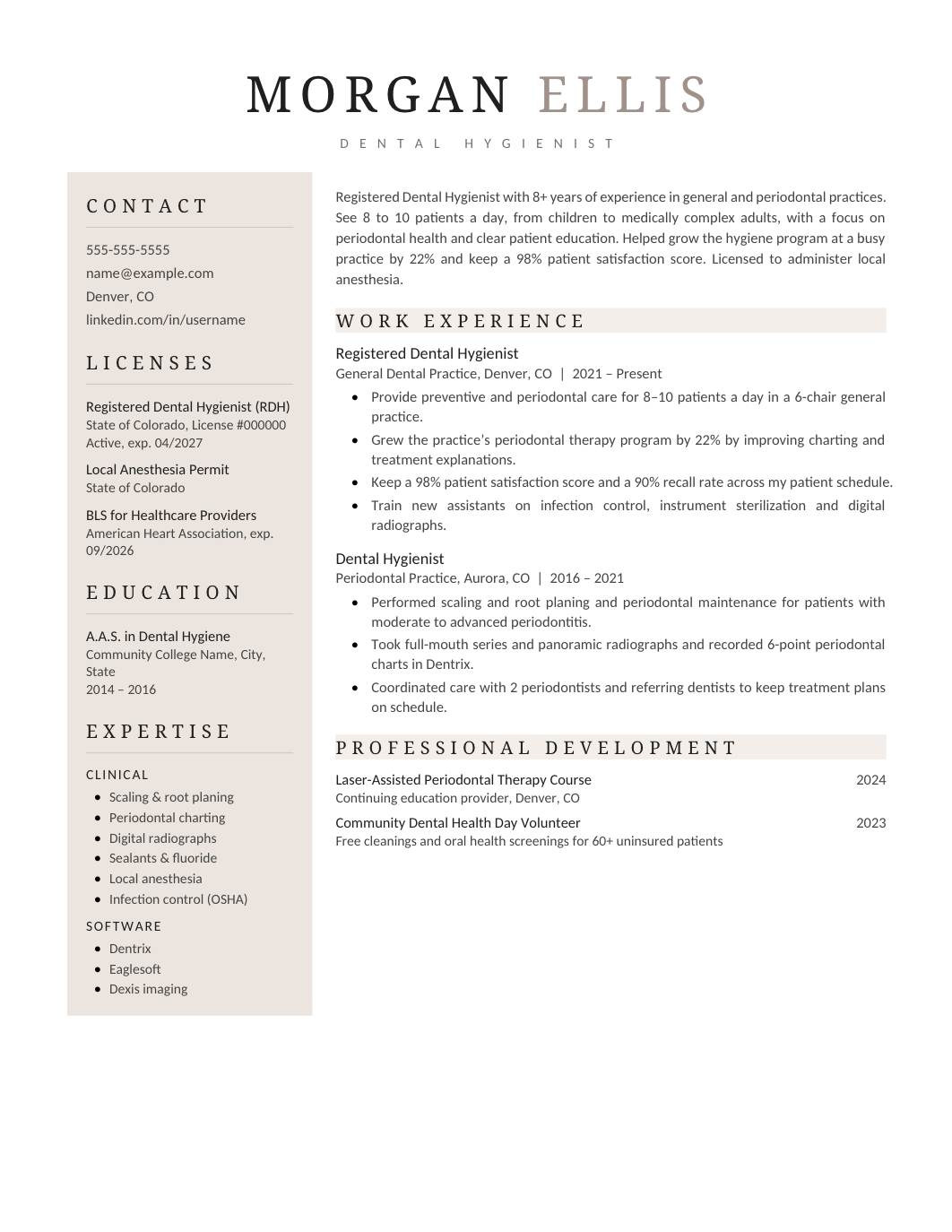 Dental Hygienist Resume template for Google Docs and Word