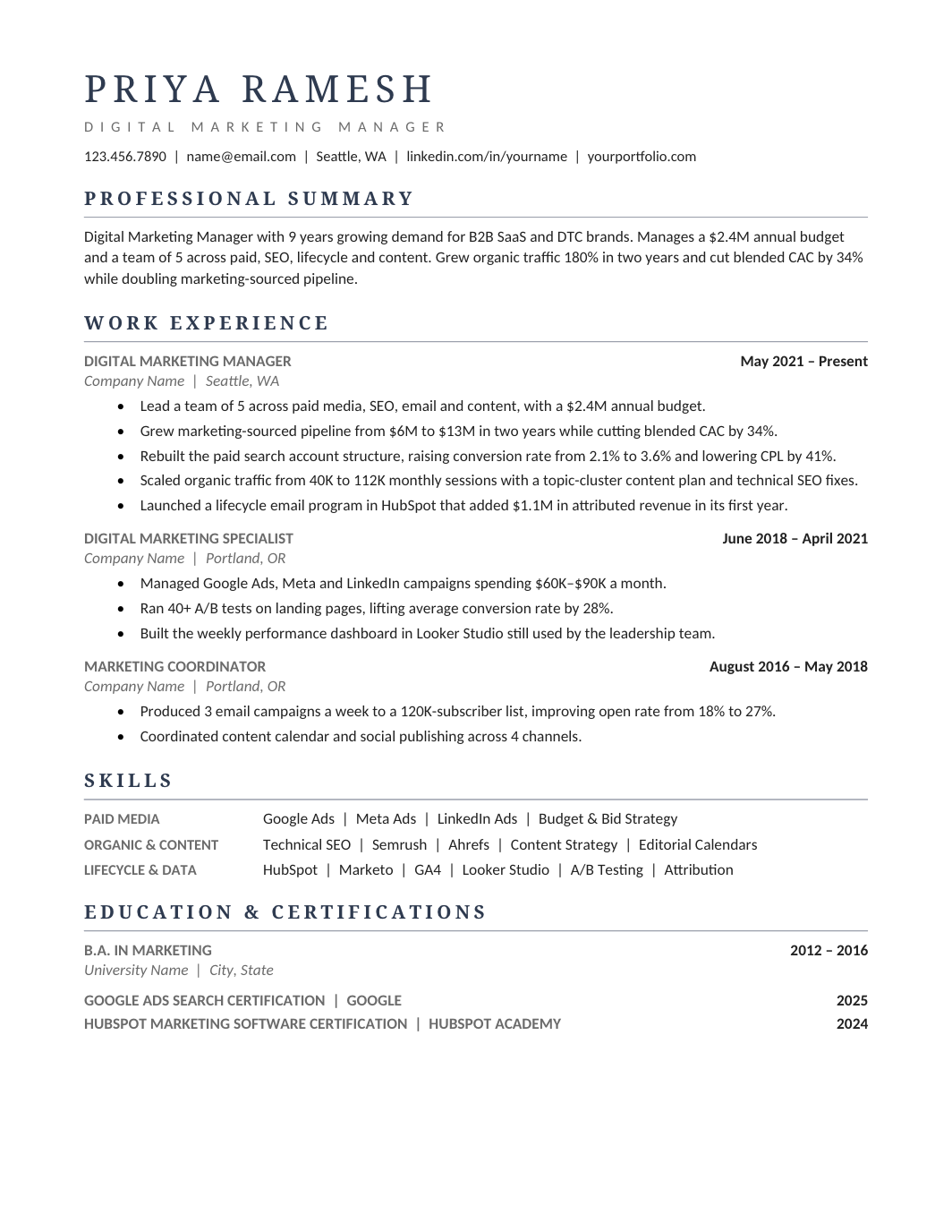 Digital Marketing Manager Resume template for Google Docs and Word