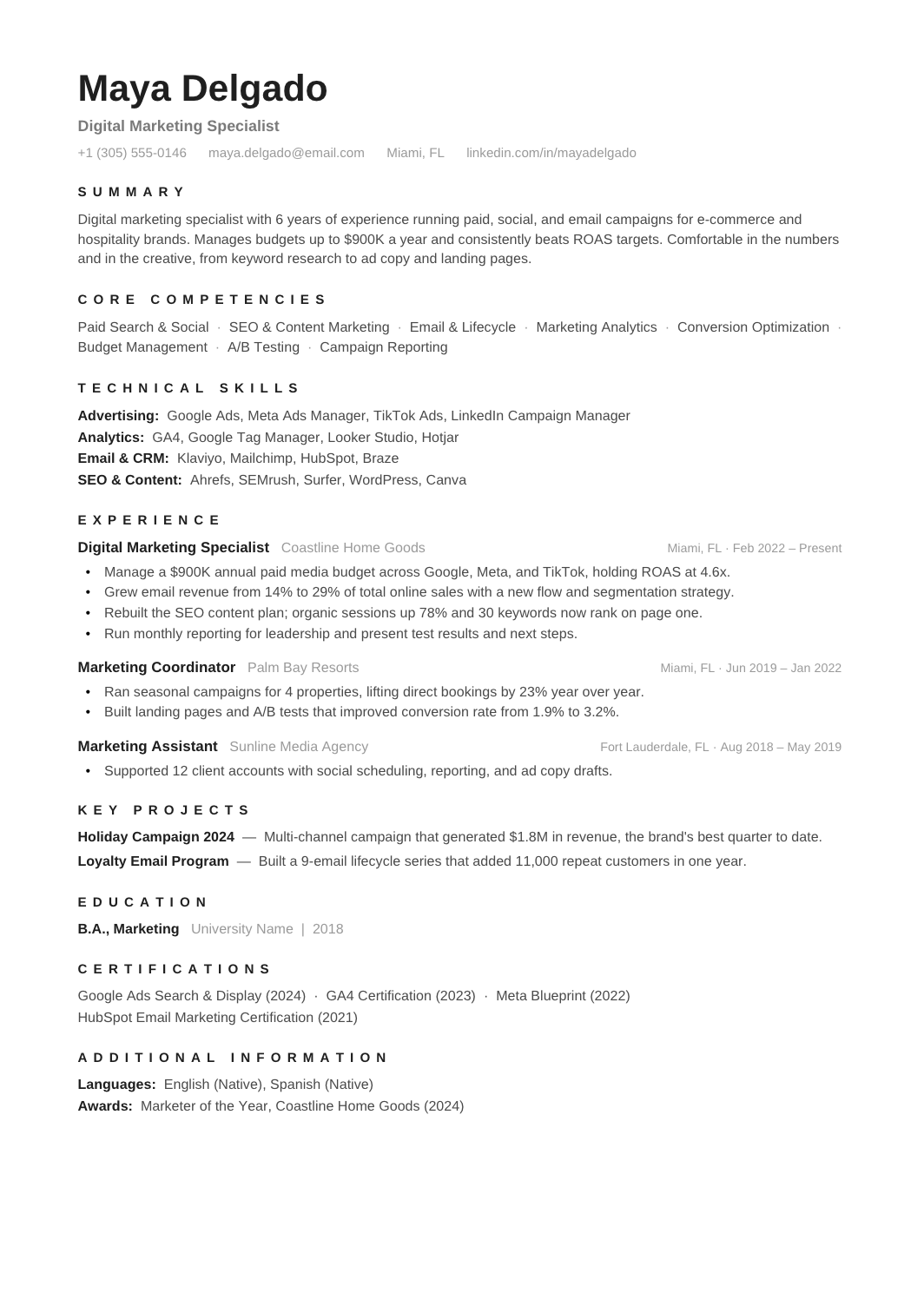 Digital Marketing Specialist Resume template for Google Docs and Word