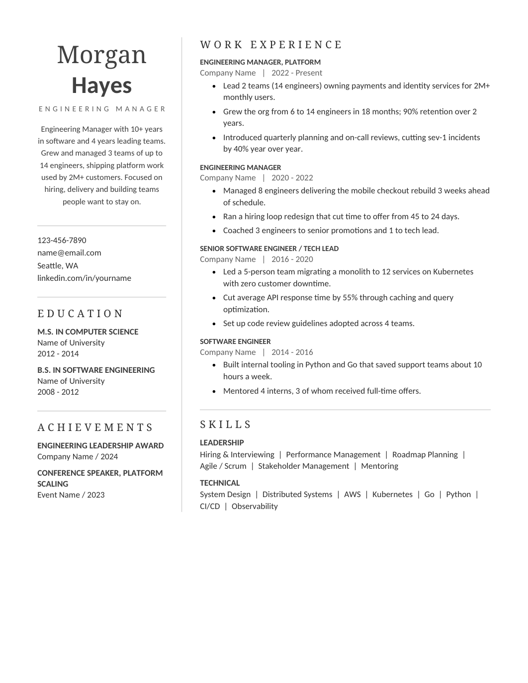 Engineering Manager Resume template for Google Docs and Word