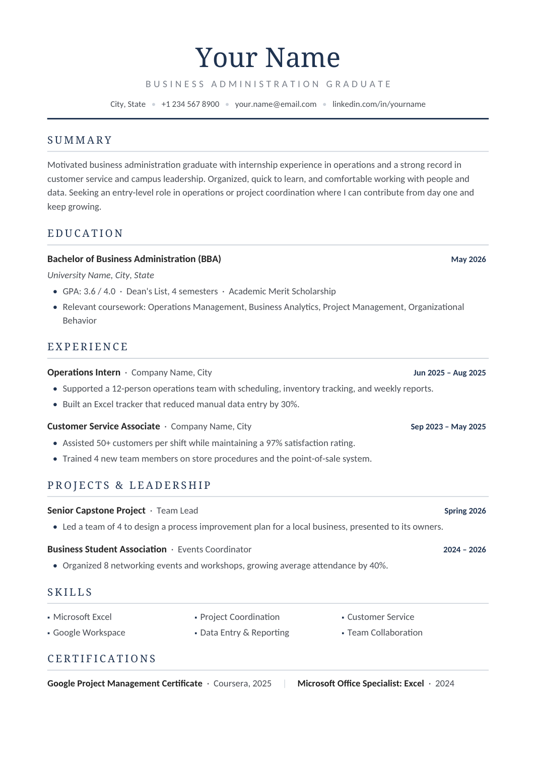 Entry Level Resume template for Google Docs and Word