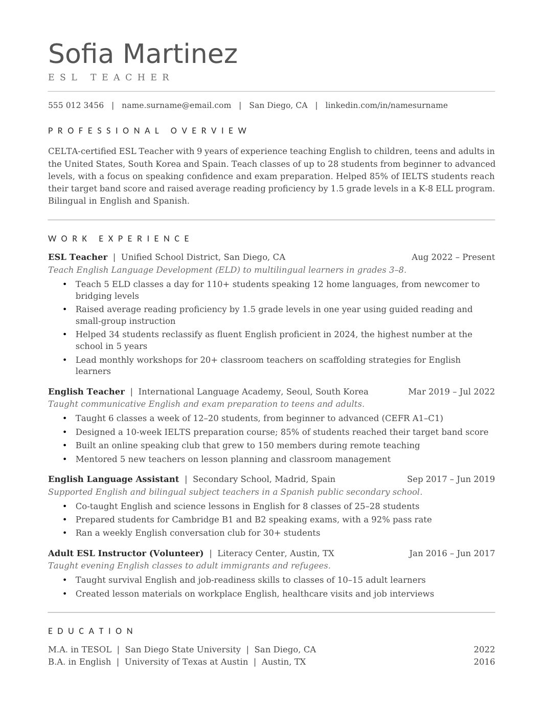 ESL Teacher Resume template for Google Docs and Word