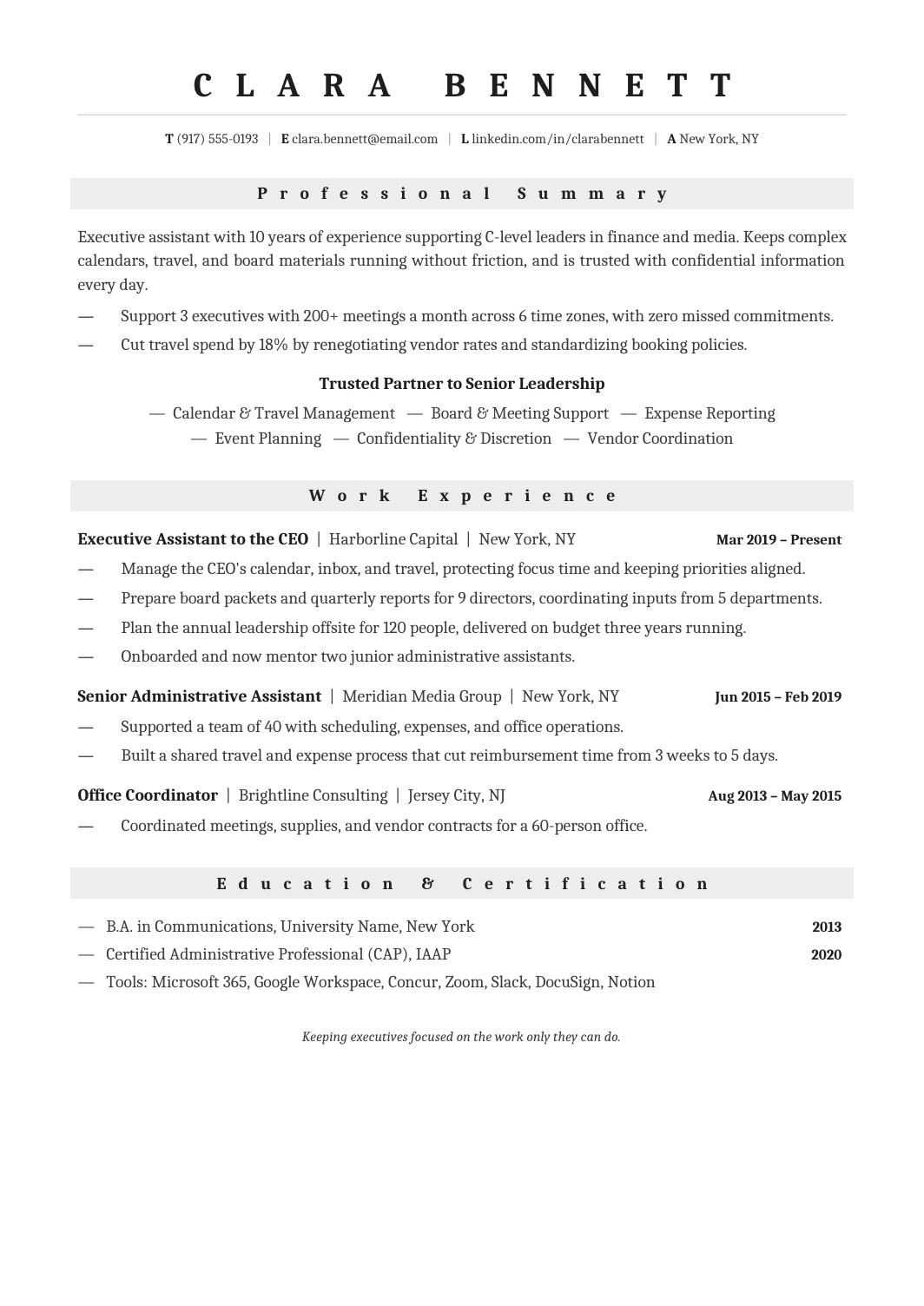 Executive Assistant Resume template for Google Docs and Word