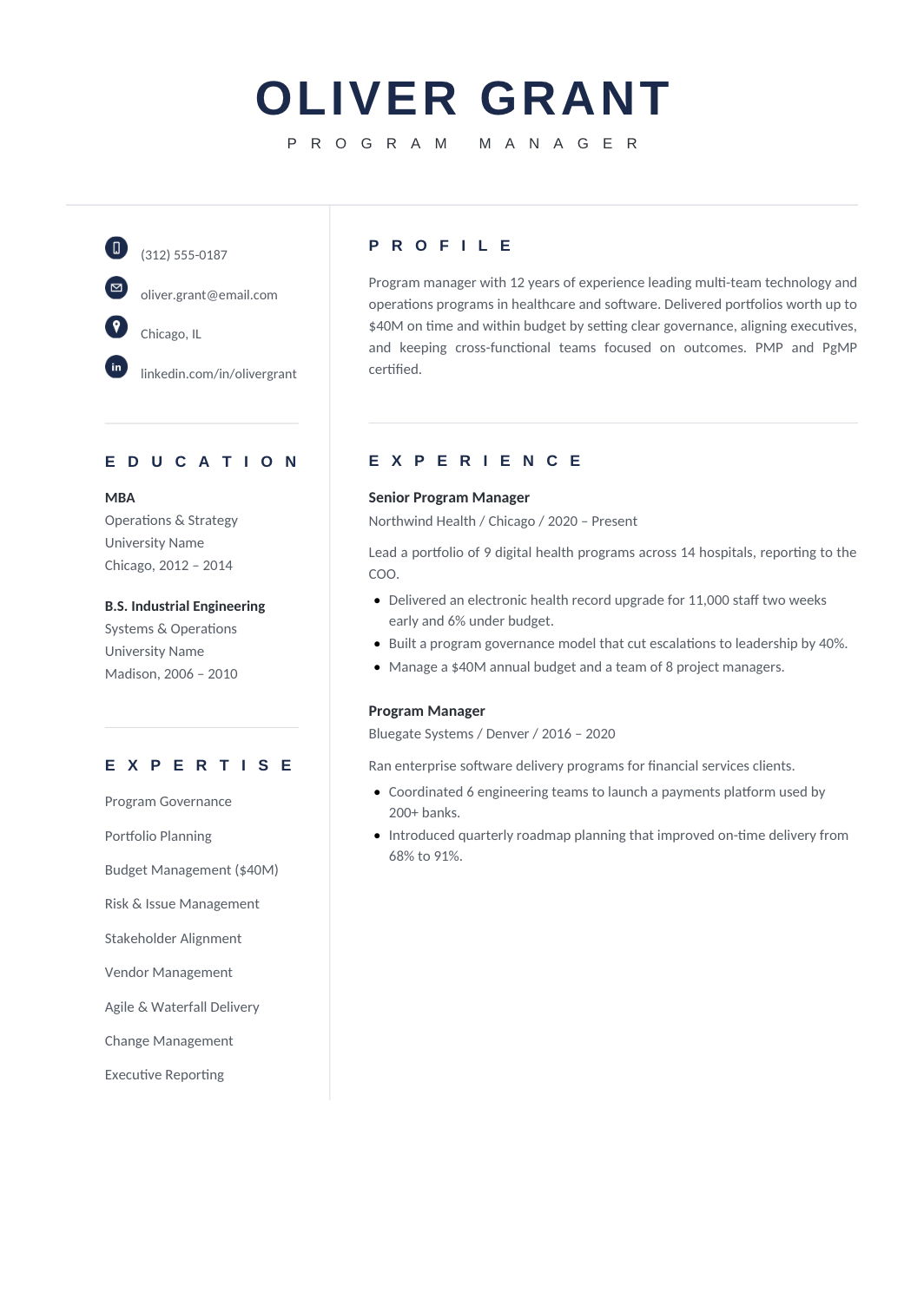 Executive two-column resume template with navy headings, expertise sidebar, profile, and leadership experience