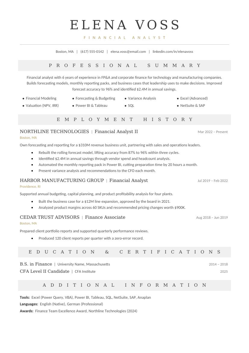 Financial Analyst Resume template for Google Docs and Word