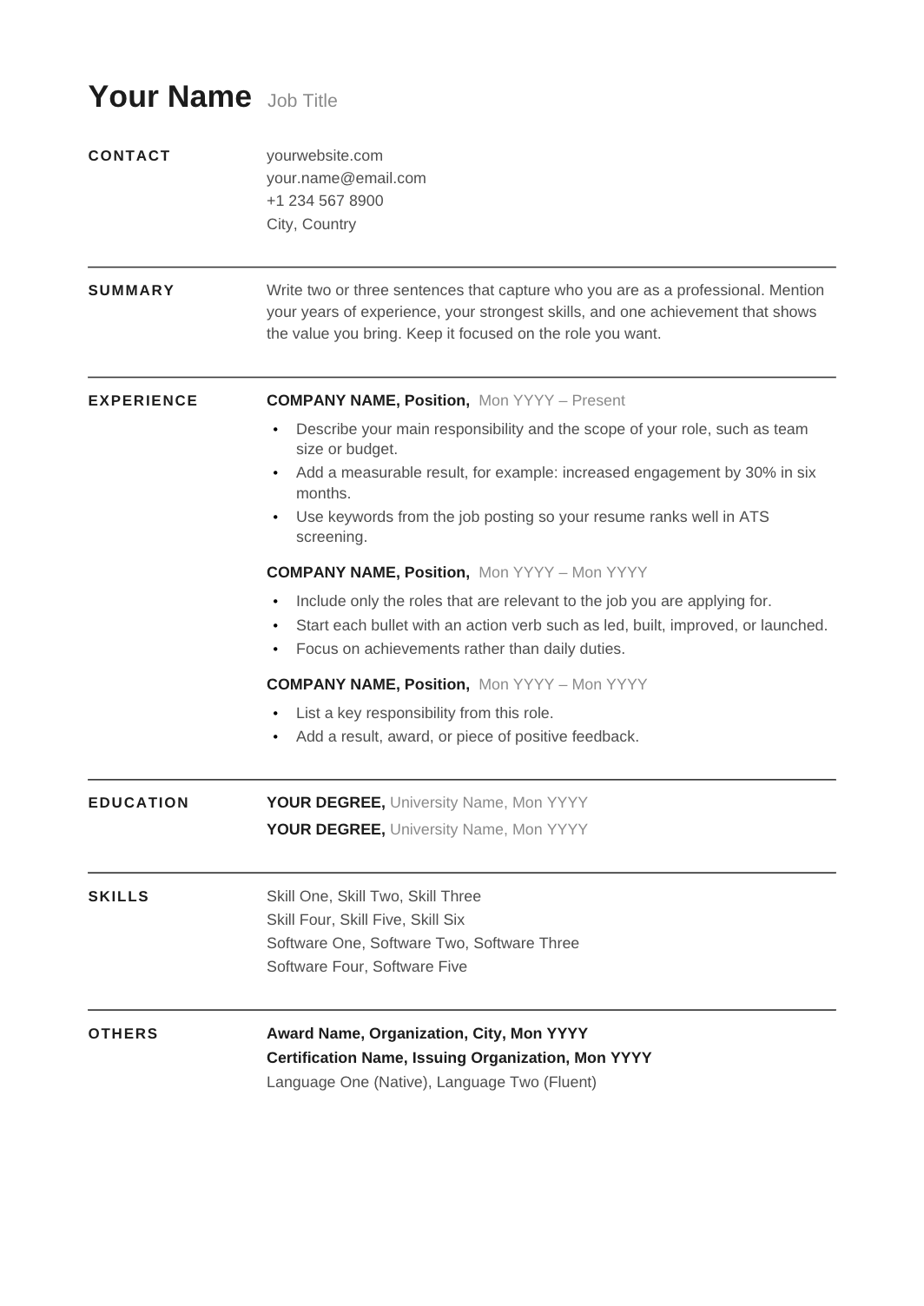 Full ATS Minimalist Resume template for Google Docs and Word