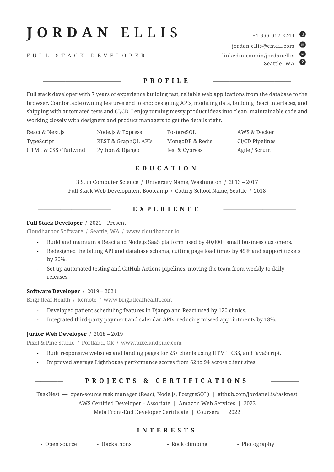 Full Stack Developer Resume template for Google Docs and Word