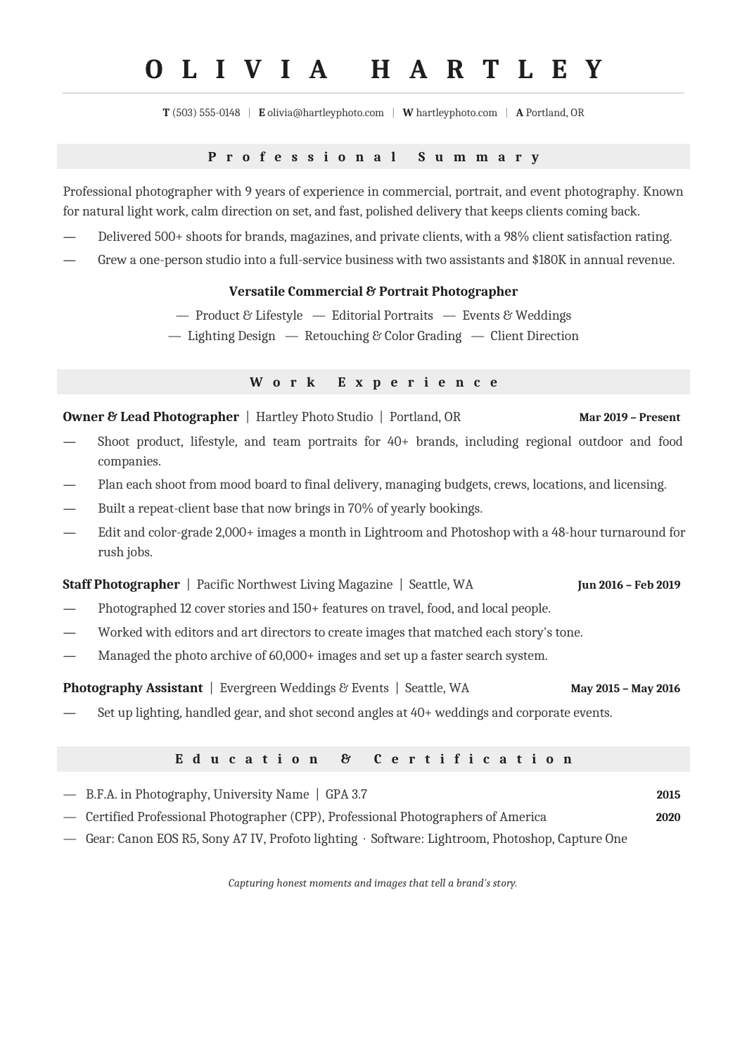 Gray professional resume template with Cambria headings and shaded section bands