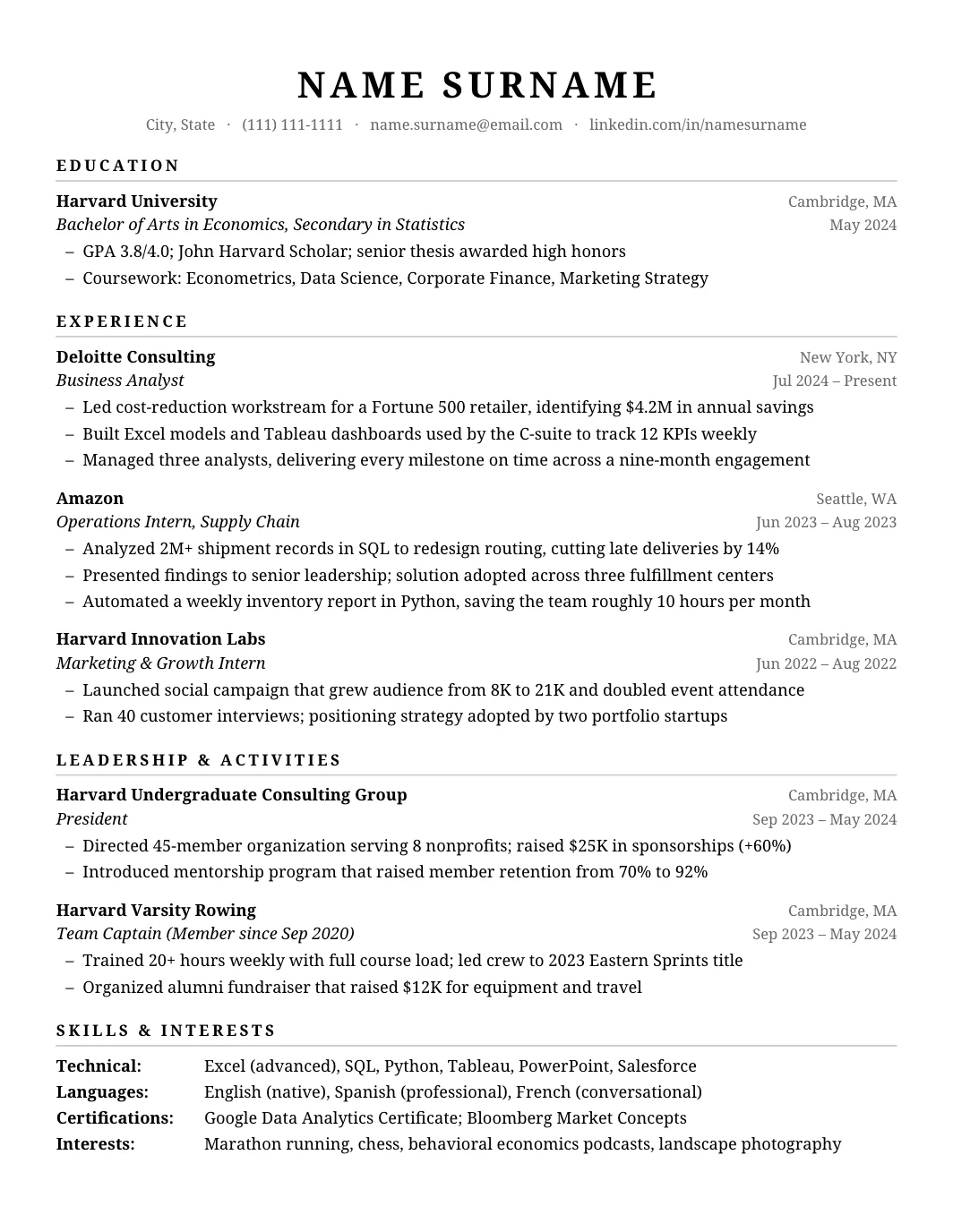 Harvard Resume template for Google Docs and Word