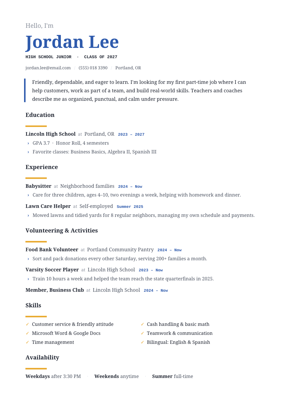High School First Resume template for Google Docs and Word