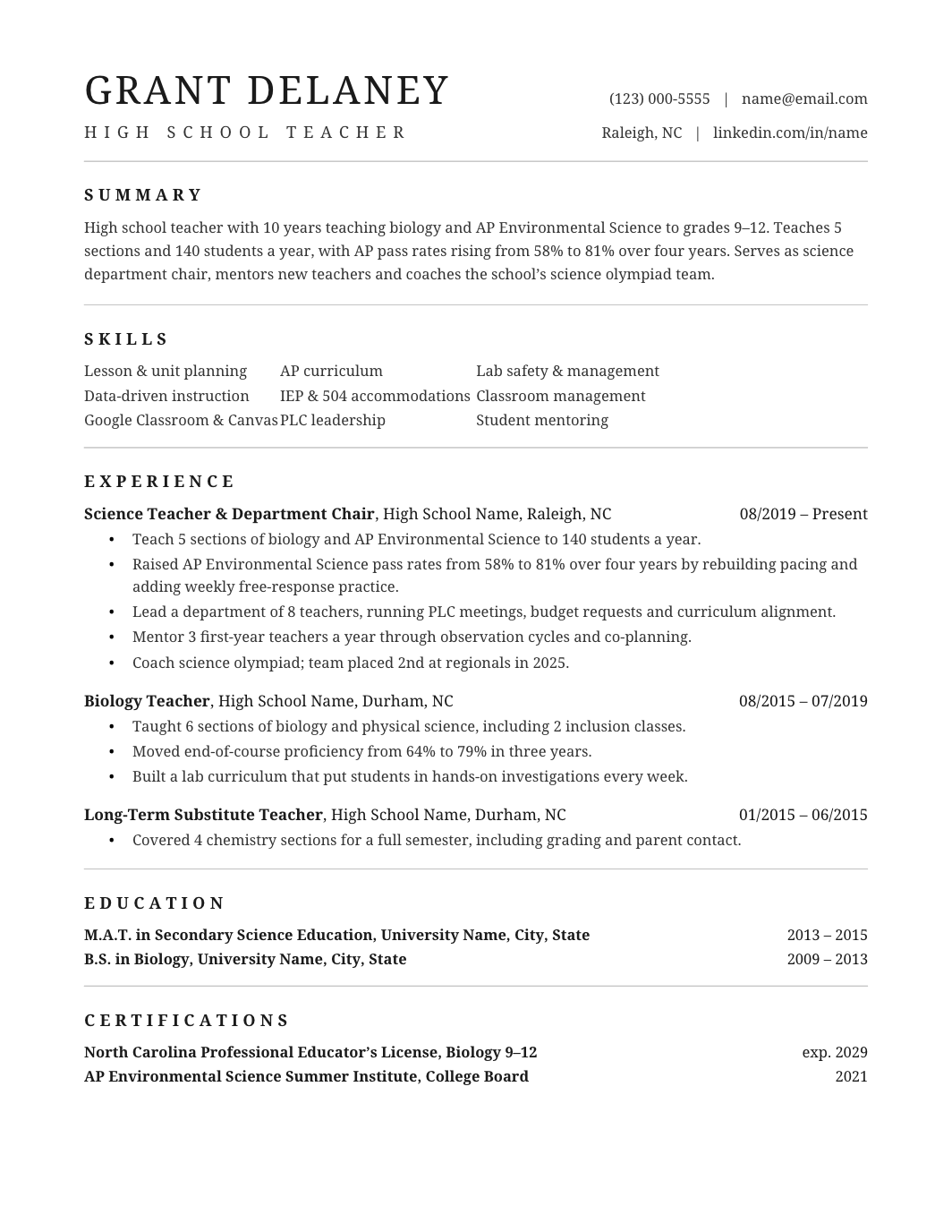 High School Teacher Resume template for Google Docs and Word