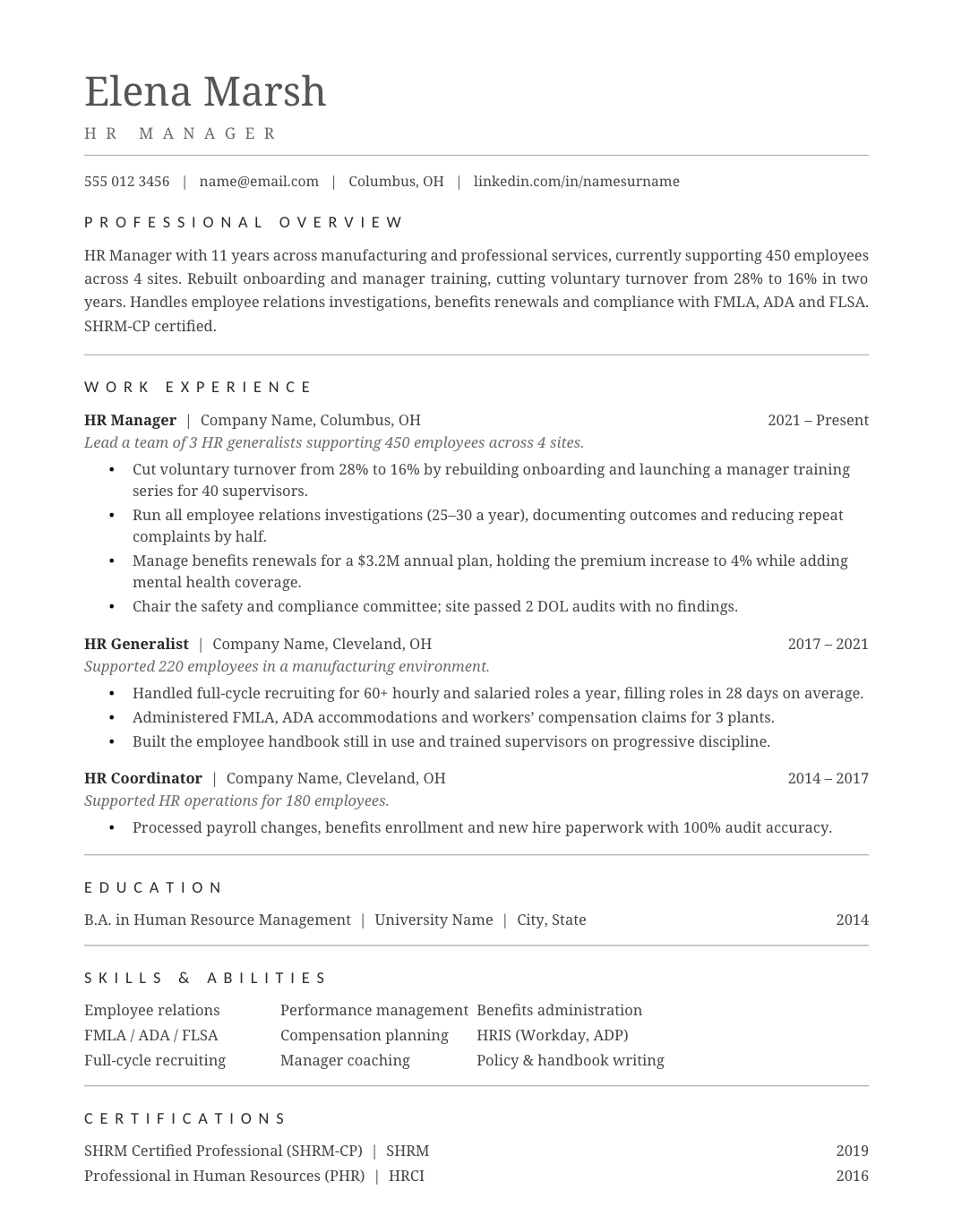 HR Manager Resume template for Google Docs and Word