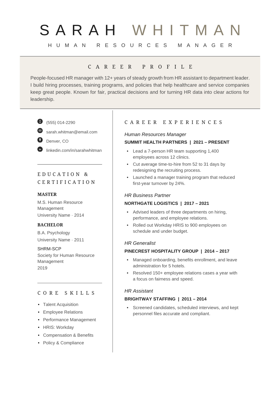 HR Resume template for Google Docs and Word