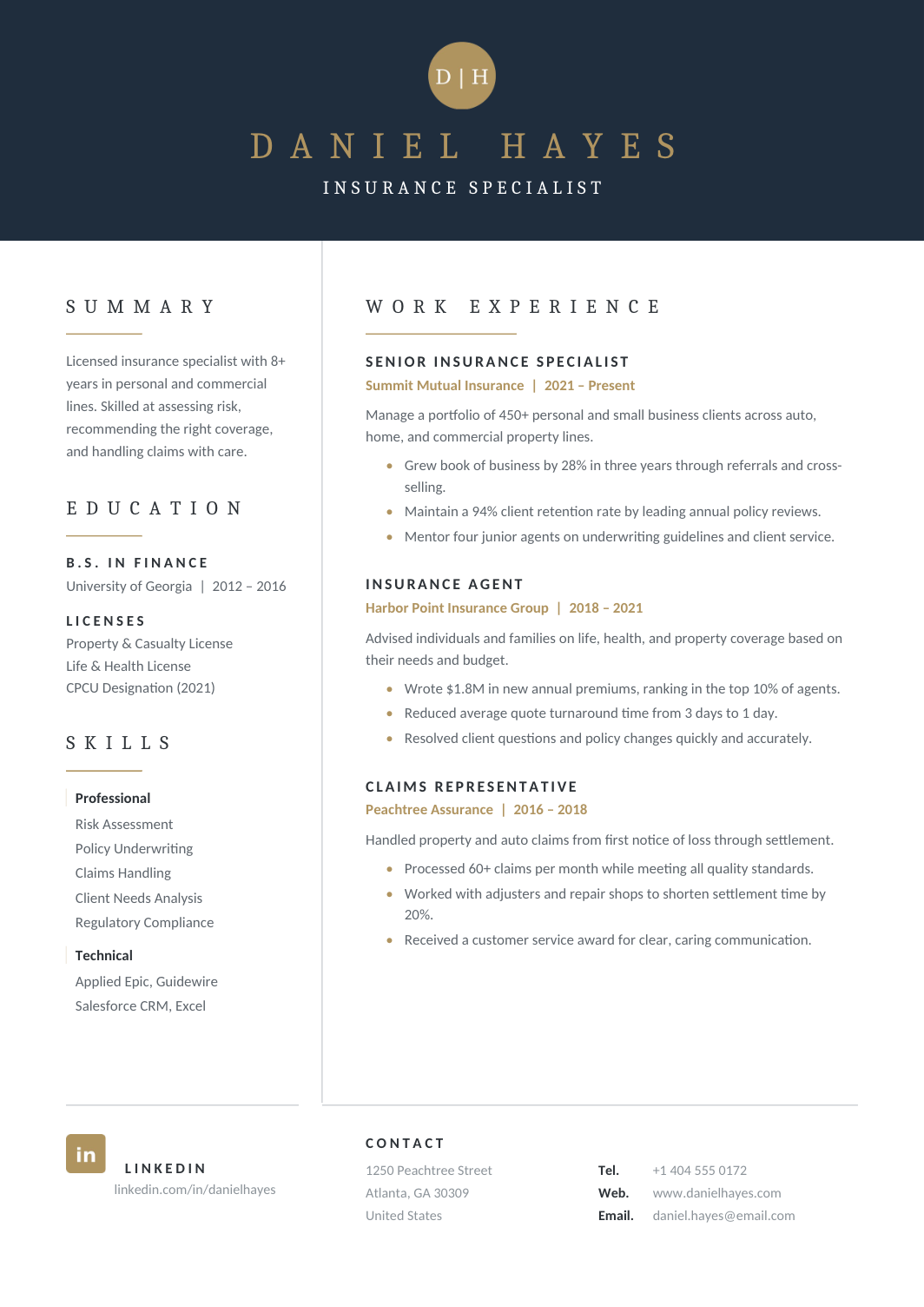 Insurance Resume template for Google Docs and Word