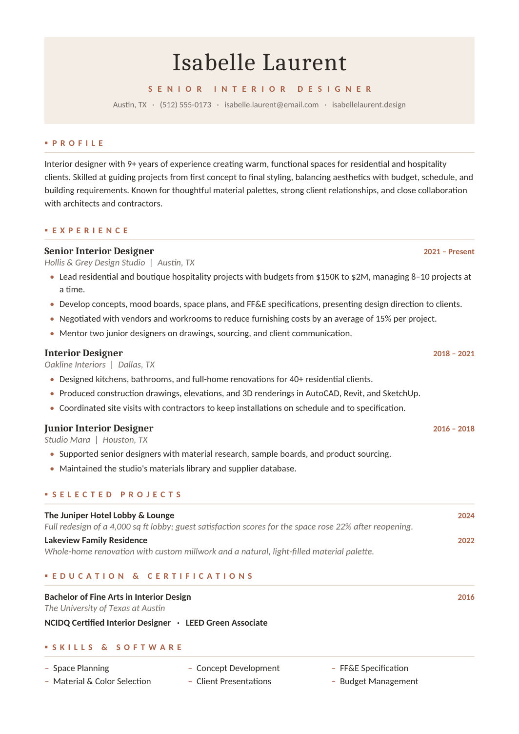 Interior Designer Resume template for Google Docs and Word