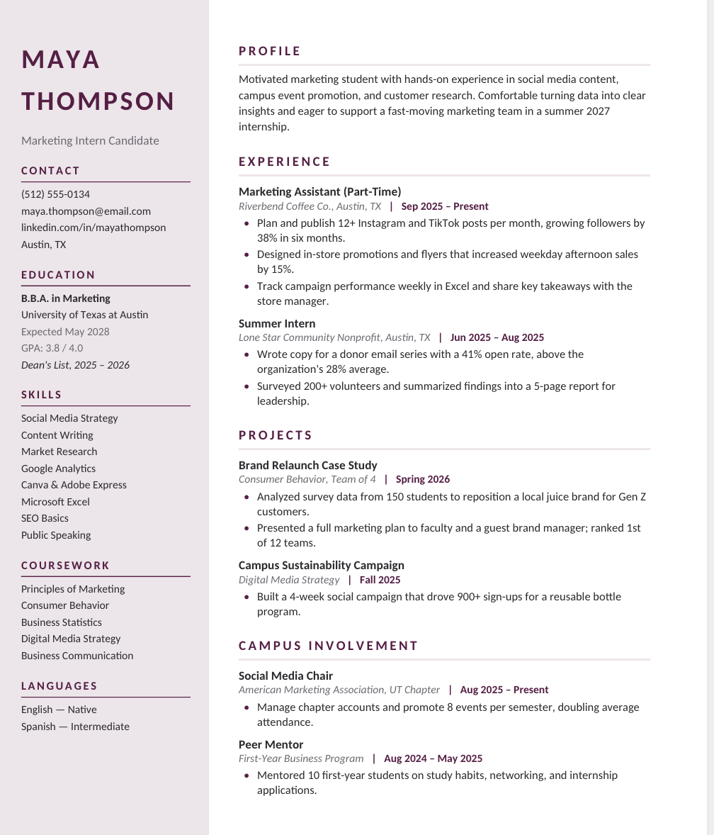 Internship Resume template for Google Docs and Word