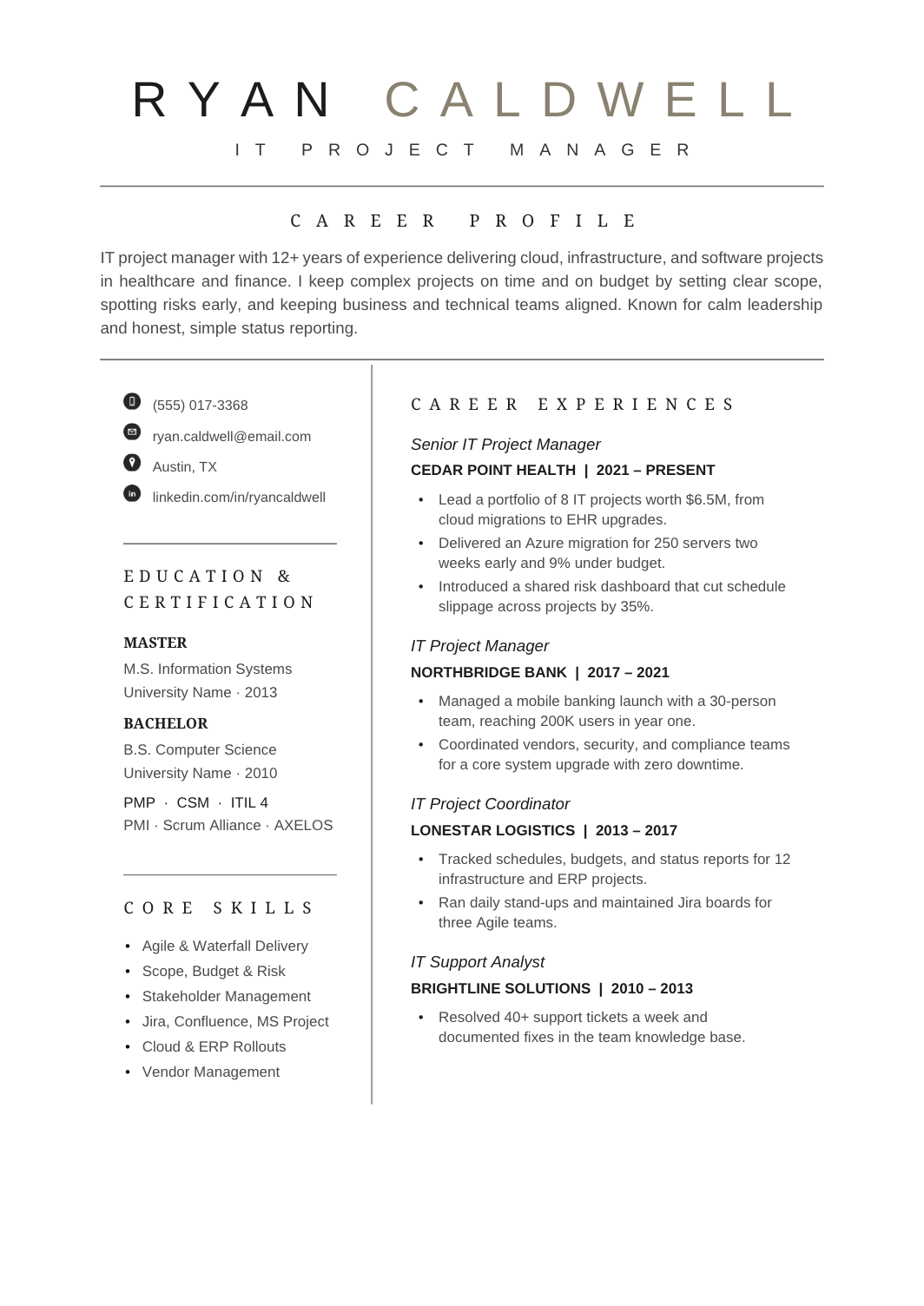 IT Project Manager Resume template for Google Docs and Word