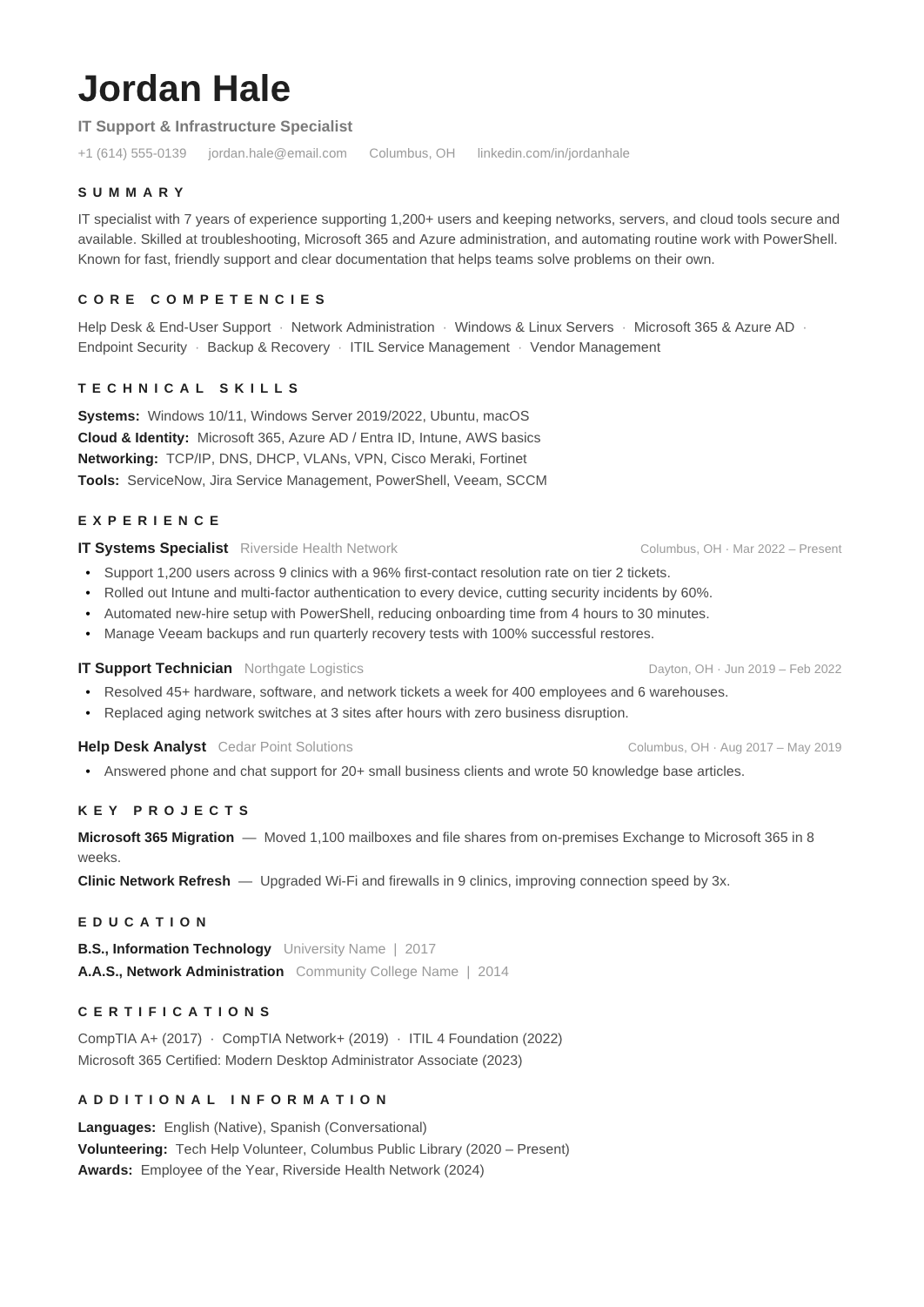 IT Resume template for Google Docs and Word